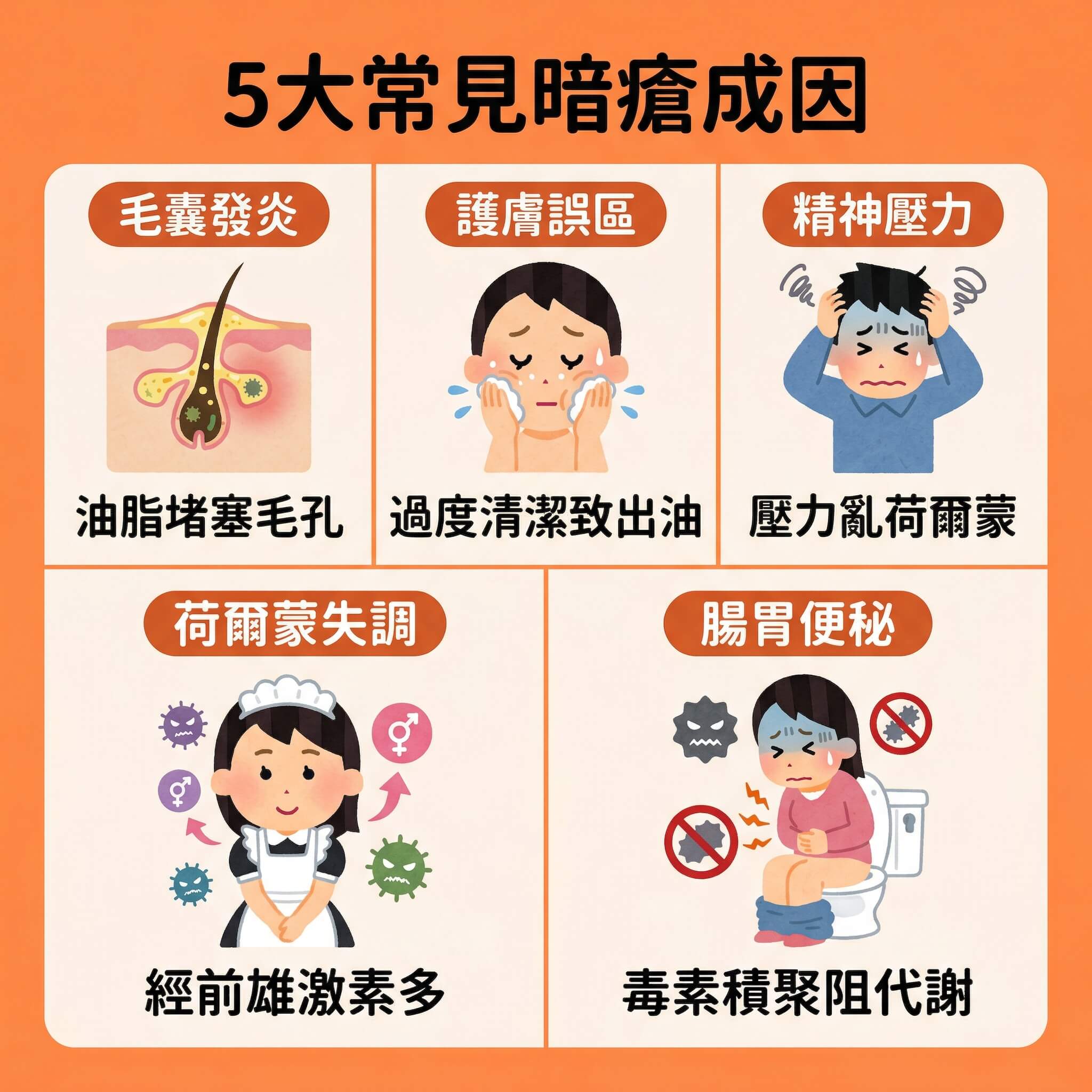 這是一張標題為「常見暗瘡成因」的資訊圖表，旨在為需要青春痘治療和皮膚分析療程的人進行暗瘡成因大公開。圖表採用清新可愛的 Irasutoya 風格向量插畫，排版整潔，分為五個主要彈性方格區塊。左上角第一格小標題「毛囊發炎」插圖顯示放大的毛孔和皮脂腺，角質層厚重和油脂積累，文字說明為「油脂、角質積累致炎」，這會導致堵塞毛孔、發炎紅腫和粉刺。上方中間第二格小標題「過度清潔」插圖是一個人用力清潔****皮膚，文字說明為「水油失衡誘發暗瘡」，說明過度清潔損害表皮屏障，是敏感肌暗瘡護理的反面教材，不當的深層清潔毛孔反致皮脂分泌過度。右上角第三格小標題「壓力過大」插圖是一個因精神壓力抱頭的人，旁邊有時鐘和閃電符號，文字說明為「荷爾蒙失調增油脂」，說明壓力導致荷爾蒙波動。左下角第四格小標題「荷爾蒙變」插圖顯示女士和性別符號，文字說明為「雄激素激發皮脂分泌」，這是導致皮脂分泌過度和堵塞毛孔，形成黑頭和粉刺的主因。右下角第五格小標題「便秘積毒」插圖顯示一個人體內積聚毒素烏雲，文字說明為「體內毒素阻礙代謝」，影響體內代謝。圖表內容可以通過了解杏仁酸精華好處、使用杏仁酸、果酸或水楊酸進行溫和煥膚以代謝老廢角質來改善。這些成因若未正確處理，可能需要醫生專業治理，諮詢醫生以溶解黑頭粉刺和改善閉合性粉刺，自行擠壓可能導致囊腫和疤痕。應諮詢醫生以穩定膚況，這涉及居家刷酸指南和酸類保養禁忌。圖表內容雖然未直接提及細菌滋生，但這些成因為包括痤瘡丙酸桿菌在內的細菌滋生提供了環境。