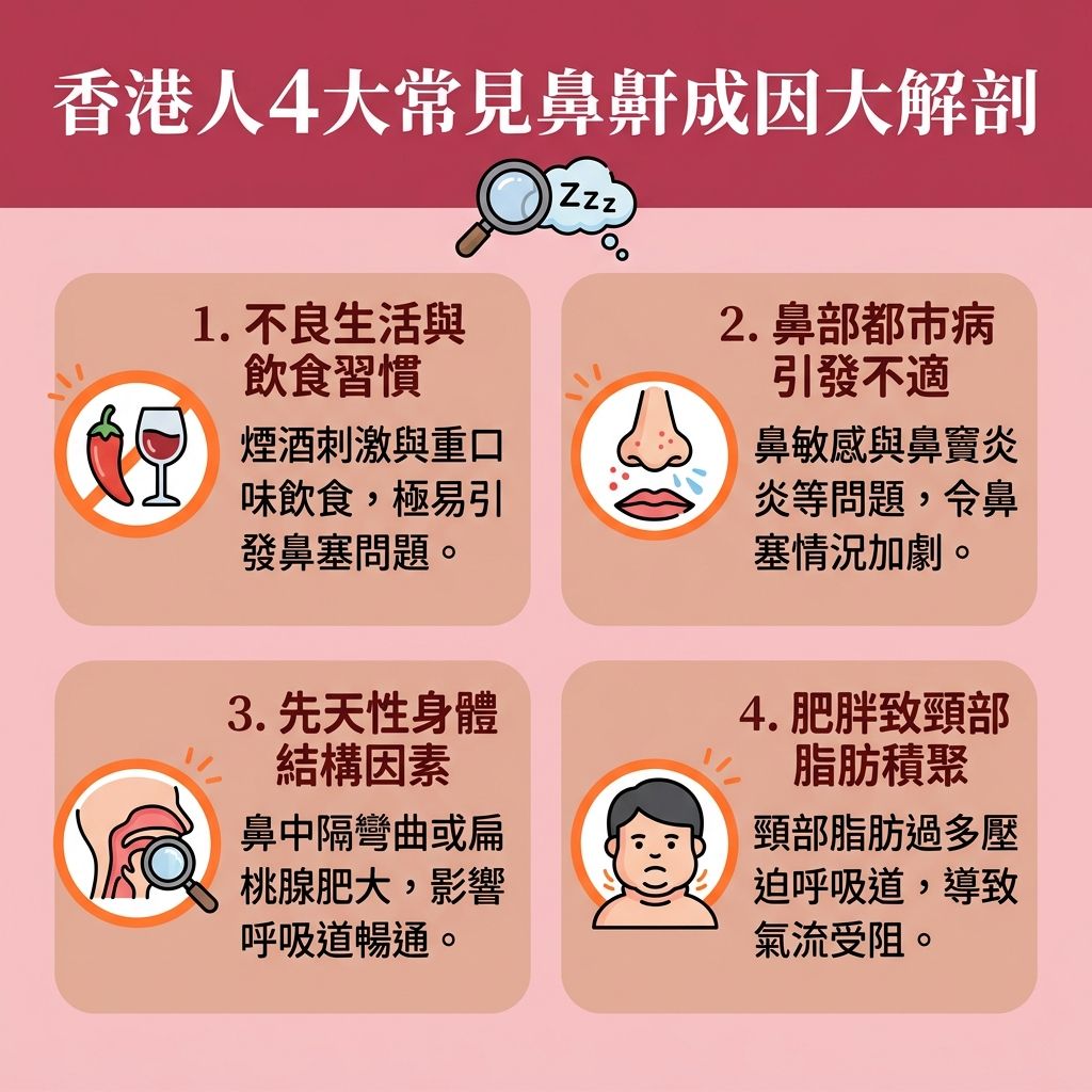 這是一張台灣健康部落格風格的 1:1 正方形扁平化資訊圖表，詳細剖析香港人常見的【鼻鼾】成因，並提供實用的【解決鼻鼾方法】以幫助大眾【改善睡眠質素】（提升整體【睡眠質素】）。圖中指出，不良習慣、都市病、先天結構與肥胖（頸部【脂肪】堆積）都會影響【呼吸道】。當【鼻腔】、【喉嚨】與【軟顎】的【肌肉】鬆弛或受壓，極易引發嚴重的【阻塞性睡眠窒息症】。這會導致頻繁的【睡眠呼吸中止】與【睡眠缺氧症狀】。

為了【保持呼吸道暢通】與【改善呼吸道阻塞】，患者需及時【預防心血管疾病】與【減輕日間疲倦】以【降低停止呼吸頻率】。日常生活中，可透過【控制體重減鼻鼾】、【側睡】、使用【止鼾枕】或【鼻鼾貼】來【改善用口呼吸】及【改善鼻塞問題】。針對鼻敏感，可使用【生理鹽水】進行【洗鼻舒緩鼻敏感】，並【舒緩喉嚨乾涸】；亦可利用【牙膠】來【防止舌頭後墜】。

若情況嚴重，強烈建議前往專業【診所】尋求【醫生】協助，進行【睡眠測試】與詳細的【睡眠測試診斷】。除了配戴【呼吸機】外，現在也有【安全無痛治療】的選項，如先進的【無創止鼾療程】。透過【激光】技術進行的專屬【療程】，能有效【收緊喉嚨肌肉】，讓你徹底遠離【睡眠窒息症】的困擾。