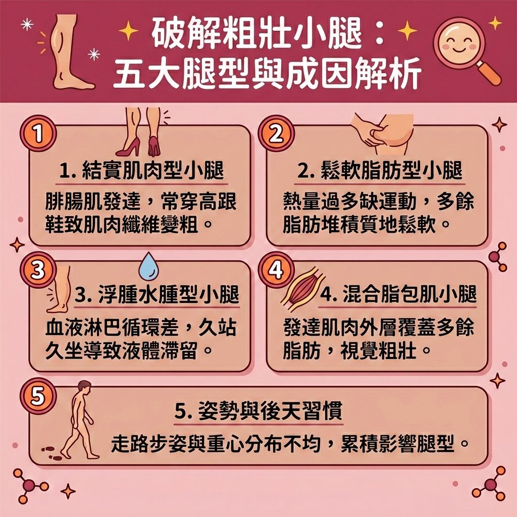 這是一張 1:1 正方形的扁平化向量資訊圖表，主題為「破解粗壯小腿：五大腿型與成因解析」，帶有教育性與醫美感。圖表詳細分析了各種小腿與大腿肥胖成因。針對肌肉纖維發達的腓腸肌與比目魚肌，常因常穿高跟鞋或過度無氧運動與阻力訓練導致，產生乳酸堆積與筋膜緊繃。我們需要尋找正確的減肌肉腿方法來改善粗壯小腿，並落實消除蘿蔔腿的對策。適當的拉筋伸展運動能舒緩腿部肌肉、放鬆緊繃肌肉並減少肌肉充血。

對於脂肪細胞與皮下脂肪囤積，往往因為卡路里與蛋白質攝取失衡，除了控制蛋白質攝取與結合有氧運動外，針對打擊頑固脂肪，可透過專業的醫美瘦小腿療程（如注射肉毒桿菌作為瘦腿針），或利用無創溶脂技術進行局部減脂。

若因淋巴系統與血液循環不佳造成水腫，應避免久站久坐，積極促進血液循環以達至排毒去水腫和消除下肢水腫。此外，不良的步姿與骨盆歪斜也是關鍵，矯正走路姿勢能進一步改善腿部線條，最終幫助您成功塑造筆直長腿。底色無縫延伸至最下方，沒有多餘文字。
