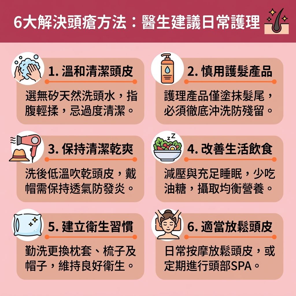 這是一張台灣健康部落格風格的 1:1 正方形資訊圖表，詳細解析了六個解決頭瘡的日常護理方法。若你想了解頭皮生粒粒原因，通常與皮脂腺分泌過多油脂、角質層積聚、以及真菌（如馬拉色菌）或細菌感染有關。這不僅會引發毛囊炎和暗瘡，長期壓力與免疫系統低下更會導致荷爾蒙失調頭瘡，甚至引起頭皮發炎脫髮。
圖表提供了實用的毛囊炎解決方法與頭瘡自然療法。首先，學習正確洗頭步驟並挑選合適的洗頭水至關重要。我們為您整理了頭瘡洗頭水推介，建議考慮含有水楊酸或茶樹油成分的去角質洗髮露，以達到頭皮深層清潔護理及頭皮抗菌消炎的效果，有效改善頭皮出油與控制皮脂分泌。
針對日常保養，定期進行頭皮清潔療程能舒緩頭皮痕癢、消除頭皮紅腫痛並預防頭瘡復發。若情況嚴重，應尋求皮膚科醫生協助，他們可能會開立抗生素或頭瘡膏推薦來治療頭皮暗瘡，而部分人也會選擇中醫調理頭瘡。無論是日常的頭皮敏感護理或是預防脫髮問題，保持毛囊與頭皮的清爽健康都是關鍵。