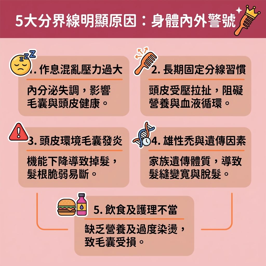 這是一張台灣健康部落格風格的 1:1 資訊圖表，解析頭髮分界線稀疏的原因與改善方法。當頭髮的分界線變寬，可能是壓力與荷爾蒙失調，導致脫髮與髮量減少。為預防分界線變闊，我們應定期轉換頭髮分界，避免固定位置拉扯髮根。日常可運用髮型修飾技巧來隱藏明顯分線與掩飾頭髮稀疏，並學習如何增加髮根蓬鬆度以拯救扁塌髮型與改善頭髮扁塌。

圖中教導正確的梳頭按摩頭皮技巧，使用合適的梳子順著髮型梳理，能改善頭皮血液循環（促進血液循環），舒緩頭皮壓力，並幫助皮脂均勻分佈。對於受雄性禿或遺傳影響的髮際線問題，及早進行預防髮線後移與尋求專業的女性脫髮治療（如產後脫髮改善）是關鍵。

保養方面，強調補充頭髮營養（如角蛋白與多種營養），能深層滋養毛囊與脆弱的髮絲，進而刺激毛囊生長、強化髮根健康並減少掉髮數量。此外，外出時別忘了做好頭皮防曬護理，防止紫外線破壞髮質與頭皮，全面守護你的健康秀髮。