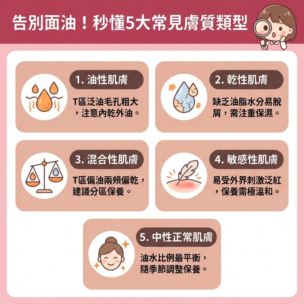 這是一張台灣健康部落格風格的醫美資訊圖表，教導大家在進行肌膚控油與激光脫毛前，先辨識5大膚質。圖表右側有一位專業治療師正在為女孩解說。女孩原本因為荷爾蒙與雄性激素失調，不僅面部出油，甚至出現女生長鬍子的困擾。許多人好奇美人生鬚原因，其實這常與多囊卵巢症有關。

為了處理唇毛、面毛與面部雜毛，女孩曾自行使用剃刀（並搜尋剃鬚膏推薦）和脫毛膏，卻導致毛髮倒生處理變得困難，留下難看的鬚根，甚至傷及脆弱的角質層。為了避免毛囊炎，她開始研究脫面毛邊間好與脫毛療程比較，並關注激光脫毛價錢與學生脫毛優惠。

圖表下方介紹了一家優質的脫毛公司，採用先進的脫毛儀器（包含755nm與808nm波長），能精準破壞毛囊與底層黑色素。該技術結合專利冷凍劑，專為敏感肌設計，實現無痛激光脫毛，同時能改善色素沉澱與收細毛孔，將激光脫毛副作用與不良的激光反應降至最低。不論是針對臉部粗硬毛髮、去除小鬍子，還是比基尼線與全身脫毛，都能達到理想的永久脫毛效果，並提供專業的脫毛後護理指導！