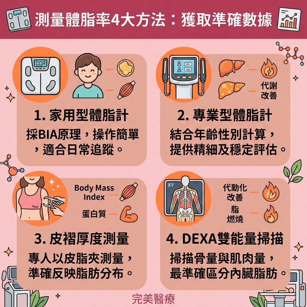 這是一張台灣健康部落格風格的 1:1 正方形資訊圖表，主要教導大家四種測量體脂方法。了解準確的體脂率與身體質量指數，並參考男女體脂標準，是降低體脂比例的第一步。圖表指出，不論是體重停滯不降，還是處於減肥的停滯期，都必須深入了解體內的皮下脂肪、內臟脂肪與骨骼肌分佈。

為了突破減肥停滯期並打造易瘦體質，我們需要制定健康減脂餐單與增肌減脂飲食。透過精準控制熱量攝取（精算卡路里），適當分配碳水化合物與蛋白質，能穩定體內荷爾蒙。同時，結合有氧運動、無氧運動與阻力訓練，不僅能提升肌肉量與提升肌肉比例，更能提升基礎代謝與整體的基礎代謝率，加速新陳代謝。

透過上述努力能有效預防脂肪積聚、減少內臟脂肪並改善中央肥胖。若您希望徹底破壞頑固的脂肪細胞，達成燃燒深層脂肪與消除頑固脂肪的目標，可以尋求醫學美容的幫助。香港完美醫療提供專業的專屬瘦身方案與局部減脂技術。透過先進的無創減脂療程進行精準的醫美定位修形，能安全高效為您塑造緊緻線條！
