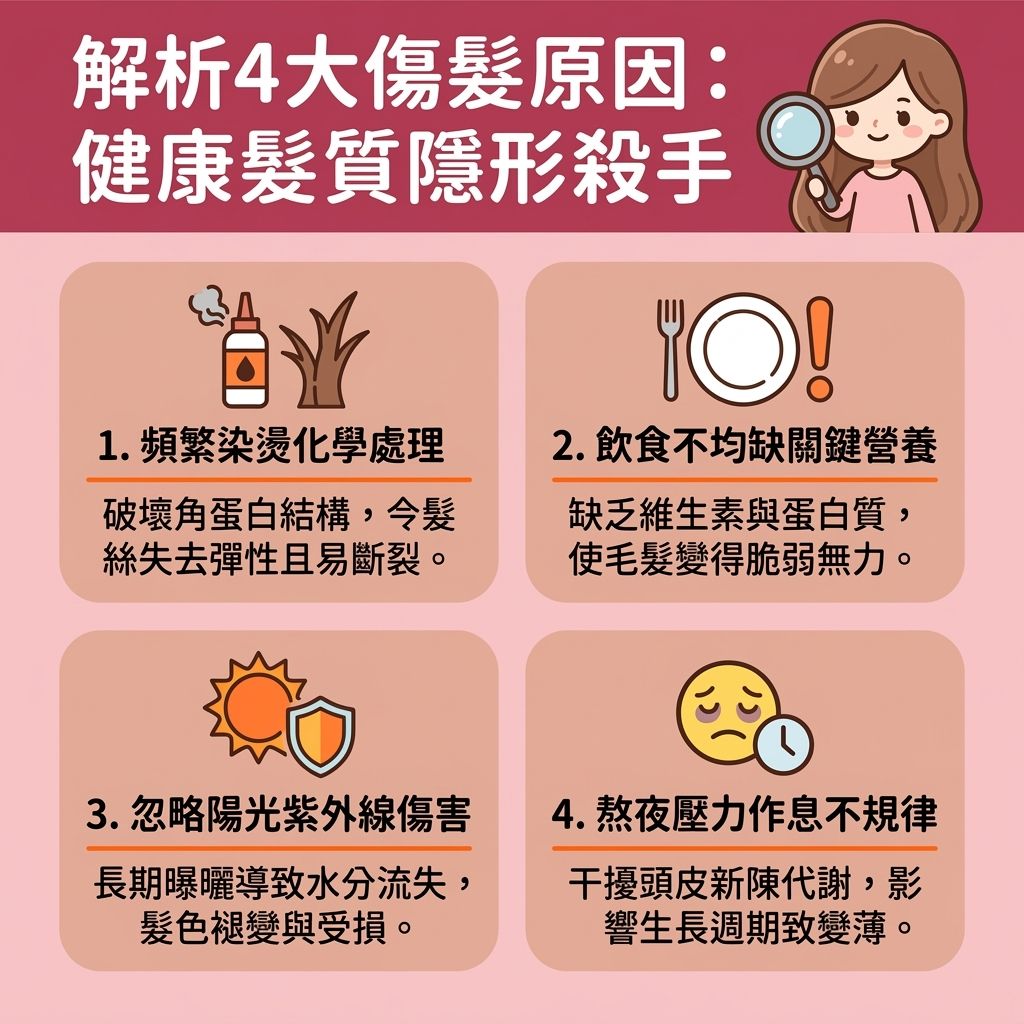 這是一張台灣健康部落格風格的 1:1 正方形資訊圖表，詳細圖解了影響頭髮與頭皮健康的四大原因。圖表指出，強烈的紫外線會破壞黑色素並流失水分，令髮絲失去彈性。要維持髮色持久並進行受損髮質修復，必須做好抗氧化護髮。

日常保養中，我們需要學習正確洗頭方法，挑選合適的洗頭水以維持頭皮油脂平衡（控制皮脂），並配合頭皮深層護理促進血液循環，從而強化髮根健康、保護毛囊並減少掉髮數量。

為了改善頭髮乾枯與改善頭髮扁塌，可定期進行居家護髮療程。使用富含蛋白質與角蛋白的護髮素及髮膜，搭配頭髮保濕噴霧與護髮油，能有效幫助毛鱗片閉合（撫平受損的毛鱗片），這是極佳的撫平毛躁技巧與順滑光澤心得。

此外，避免高溫傷髮非常重要。使用陶瓷材質的熱工具或具備負離子功能的吹風機與梳子，能有效預防頭髮靜電並增加頭髮光澤。最後，別忘了定期修剪頭髮以預防髮絲分叉，全方位守護秀髮健康。