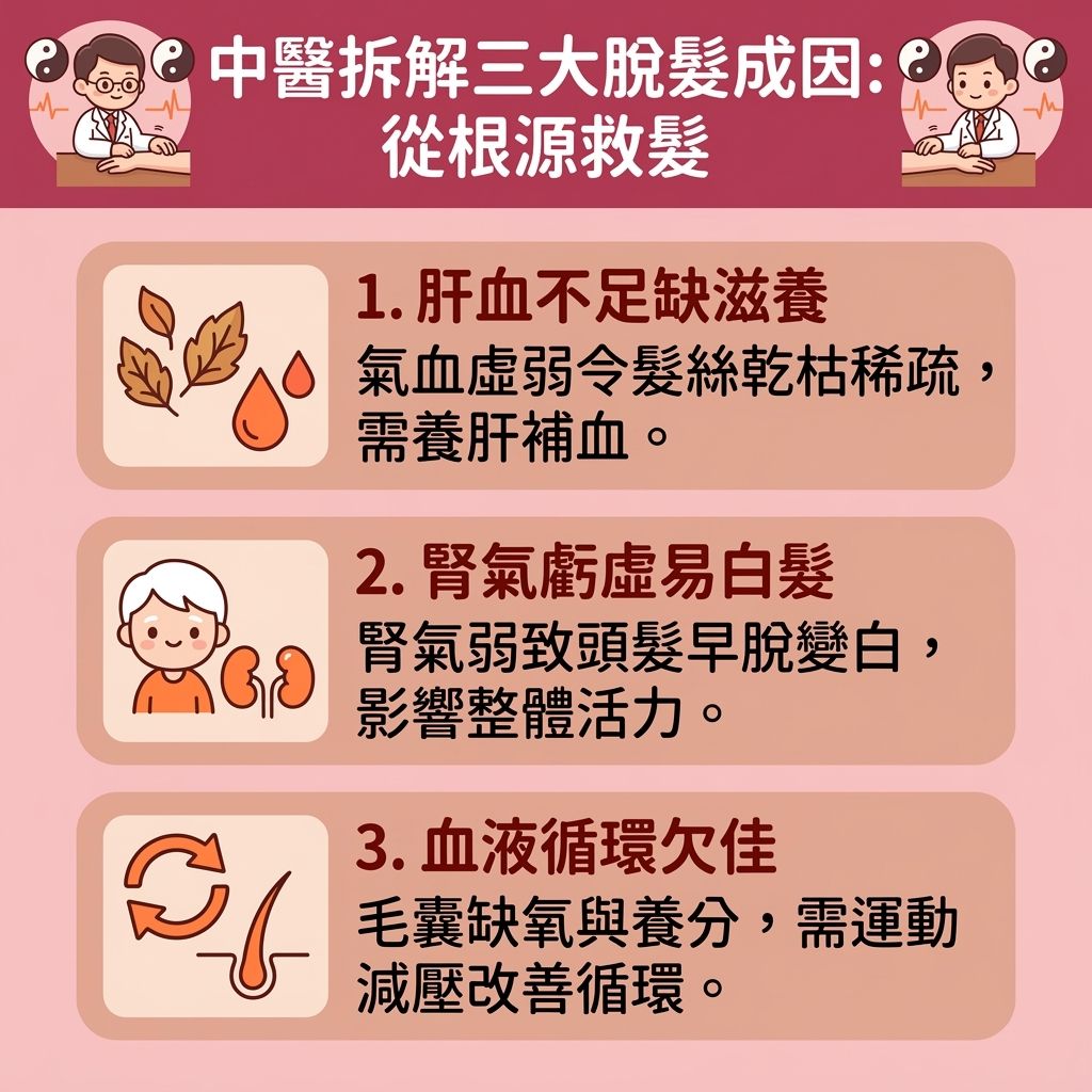 這是一張台灣健康部落格風格的 1:1 正方形扁平化資訊圖表，深入探討中醫如何看待脫髮問題。圖表指出肝腎不足與氣血虛弱會影響新陳代謝與血液循環，導致毛囊缺乏營養素，引發白髮、斑禿甚至脂溢性脫髮。為了解決頭髮稀疏及減少掉髮數量，許多人尋求中醫調理脫髮與天然防脫髮方法，例如探討側柏葉洗頭功效。

民間流傳許多側柏葉生髮偏方，如側柏葉煮水洗頭或側柏葉泡酒生髮（有時搭配生薑或米酒等偏方），聲稱能改善頭皮出油、舒緩頭皮痕癢，並發揮活血化瘀生髮的作用。市面上的側柏葉洗頭水推薦產品或含側柏葉的洗頭水，旨在保護頭皮與髮根，達到強化髮根健康、刺激毛囊生長與促進頭髮生長的目的，這對脂溢性脫髮改善及改善產後脫髮有一定輔助效果。

同時，充足的營養能促進黑色素生成，有助於預防白髮變黑。正確保養能延緩毛囊萎縮，保護脆弱的髮絲。然而，使用草本成分前須注意潛在的側柏葉副作用，若情況嚴重，建議諮詢專業皮膚科醫生，才能安全有效地對抗落髮危機。