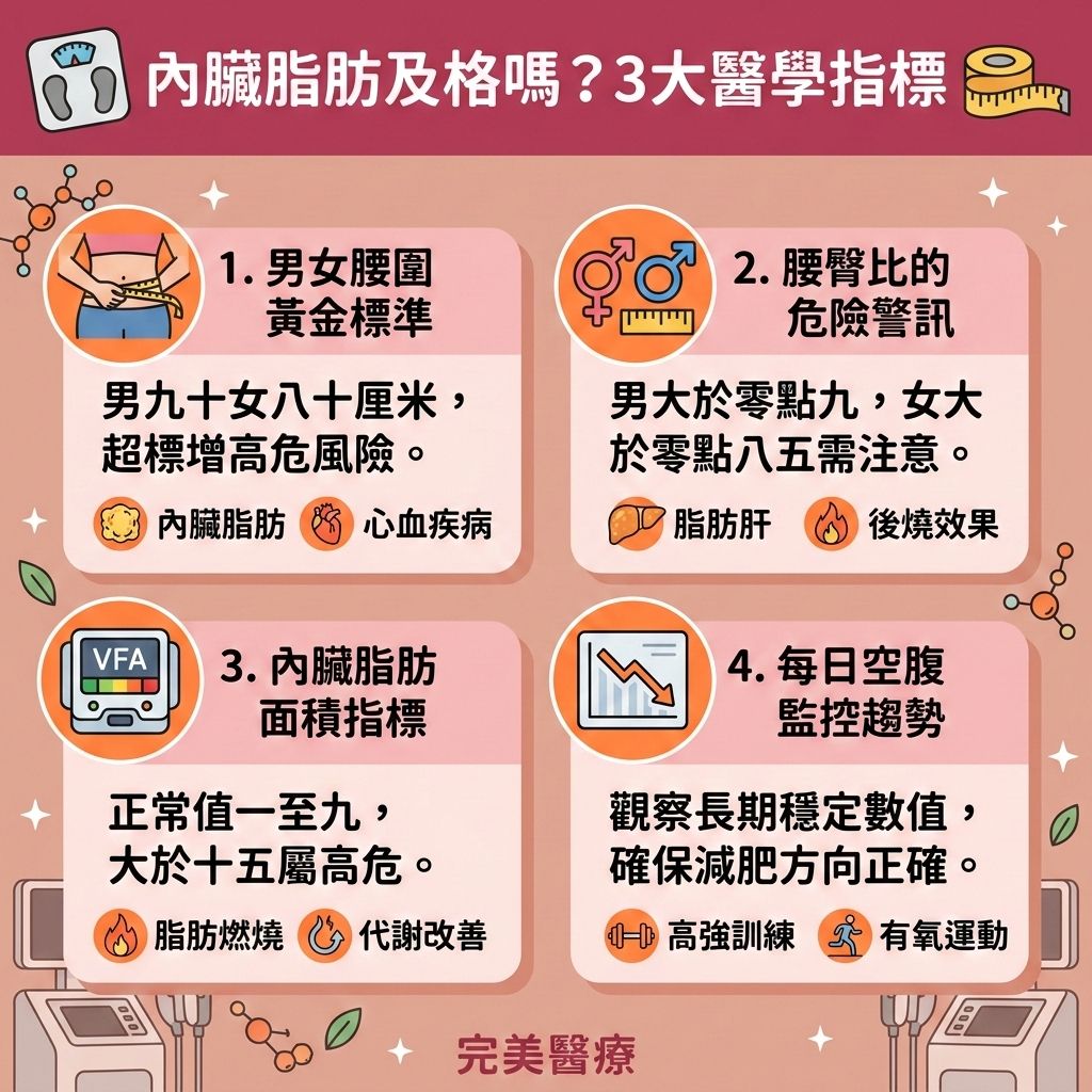 這是一張台灣健康部落格風格的 1:1 正方形資訊圖表，教導大家如何消除內臟脂肪與尋找減大肚腩方法。想要燃燒深層脂肪並改善中央肥胖，我們必須密切監控內臟脂肪與皮下脂肪，以降低體脂比例（降低體脂率）。過高的脂肪會引發脂肪肝與心血管疾病，因此控制熱量攝取（精算卡路里）與實行健康減脂飲食至關重要。建議減少碳水攝取（控制碳水化合物）並多補充蛋白質，有助於穩定血糖與胰島素，從而預防脂肪積聚並促進脂肪分解。

在運動方面，結合無氧運動、帶氧運動以及高強度間歇訓練（或高強度燃脂運動）能有效提升基礎代謝與整體的基礎代謝率，加速新陳代謝。這不僅能延長後燃效應（產生後燃效應），還能針對性地減去大肚腩，塑造平坦小腹。

若您是小基數減肥者，或想突破減肥停滯期，可以考慮醫學美容的幫助。香港完美醫療提供專業的專屬瘦身方案與局部減脂療程。透過先進的無創溶脂與無痛減脂技術進行精準的醫美定位修形，能安全有效地為您擊退頑固脂肪！