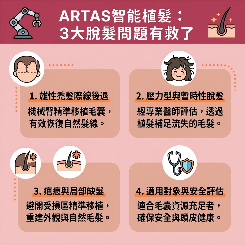 這是一張台灣健康部落格風格的 1:1 正方形資訊圖表，詳細介紹ARTAS植髮機器人優點與微創植髮技術。圖表解析了如何透過人工智能（人工智能分析毛囊）與高科技機械臂，從後枕部進行機械臂精準取髮（專業的毛囊提取技術與取髮過程），並將健康的毛髮與毛囊進行精準種植。

這種先進的無痕植髮療程能極大地提高毛囊存活率（確保高存活率）並達到頭皮創傷最小化（實現微創效果），從而縮短手術時間。它特別適合用來解決雄性禿脫髮，幫助雄性禿患者進行髮線後移改善與額角植髮，有效提升整體髮量密度，重塑自然髮線。同時，對於因意外造成的疤痕性脫髮，也能精準修復頭皮。

圖表建議在選擇植髮中心推介時，應關注植髮價錢收費、植髮效果對比以及由專業醫生評估的植髮後遺症風險。由於過程中的高精準度與局部麻醉，能大幅減輕植髮過程痛楚。只要做好完善的術後護理保養，就能安然度過植髮手術恢復期（縮短康復期），最終獲得極佳且自然植髮效果。