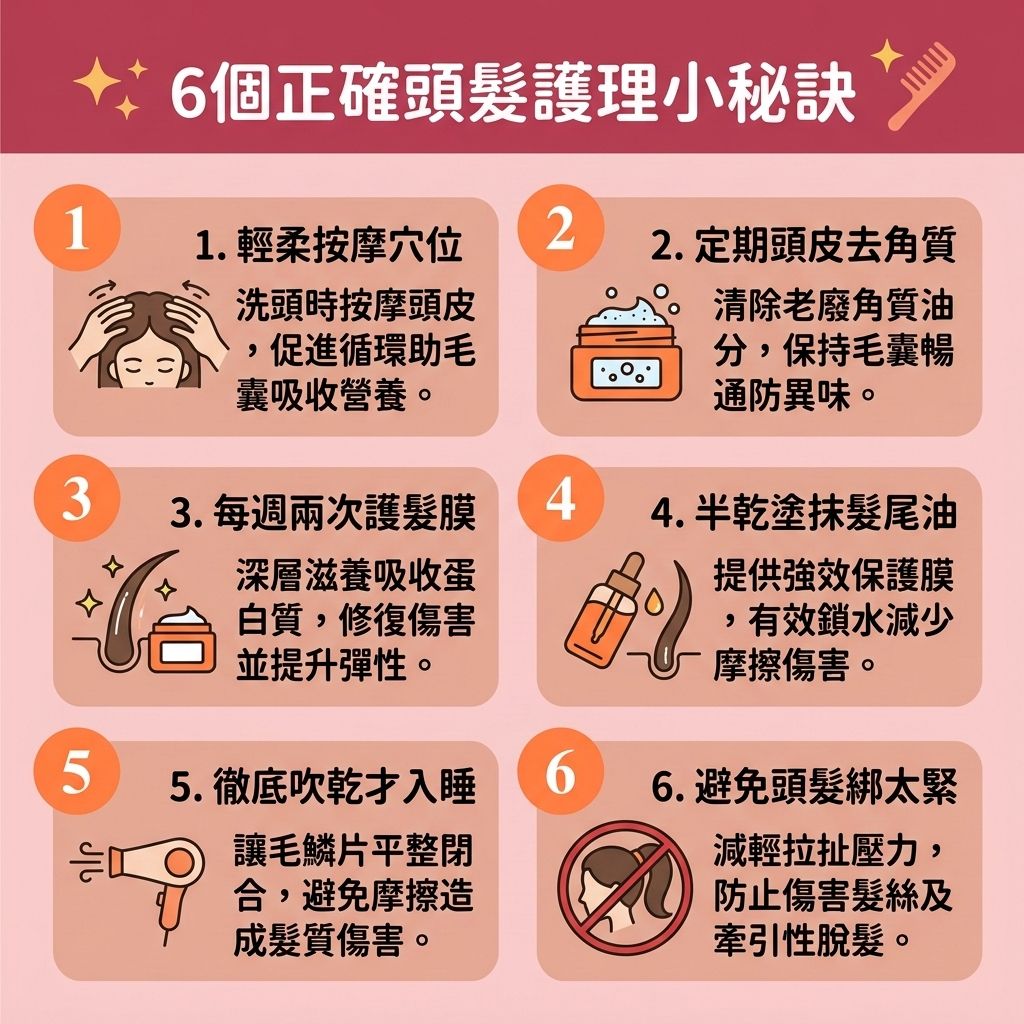 這是一張 1:1 正方形的可愛扁平化向量資訊圖表插畫，呈現台灣健康部落格風格。圖中詳細解說正確的【頭髮護理步驟】與【日常頭皮護理】。避開圖中六大錯誤，能有效保護【頭皮】與【毛囊】，維持正常的【頭皮油脂分泌】，避免【皮脂腺】異常及保護【角質層】免受高溫破壞。

圖表教導大家如何透過【溫和清潔頭皮】與定期的【深層清潔頭皮】來發揮【洗頭水】的功效並【解決毛孔堵塞】；同時正確使用【護髮素】與【髮膜】為髮絲【補充頭髮營養】（如補充【角蛋白】、【蛋白質】及【胺基酸】），進而完美【修復受損髮絲】。良好的護理習慣有助【改善頭皮環境】、【舒緩頭皮敏感】，並促進整體的【血液循環】。

相反地，若因體內【荷爾蒙】失調、或是【雙氫睪酮】過高引發【雄性禿】等嚴重【脫髮】問題，單靠洗護是不夠的。這時需要積極的【預防脫髮方法】來【減少掉髮數量】。圖表下方小字專欄提醒，若想【強健脆弱髮根】、【延長生長週期】及【促進頭髮生長】，可考慮諮詢醫生使用【生髮水】，或尋求包含【激光】技術在內的【生髮療程】與【專業生髮療程】來【激活休眠毛囊】。對於急需【改善頭髮稀疏】的患者，圖表亦簡單列出了【織髮技術比較】與【織髮】選項，以及終極的【植髮手術推薦】與【植髮】指南，全方位守護您的健康秀髮！