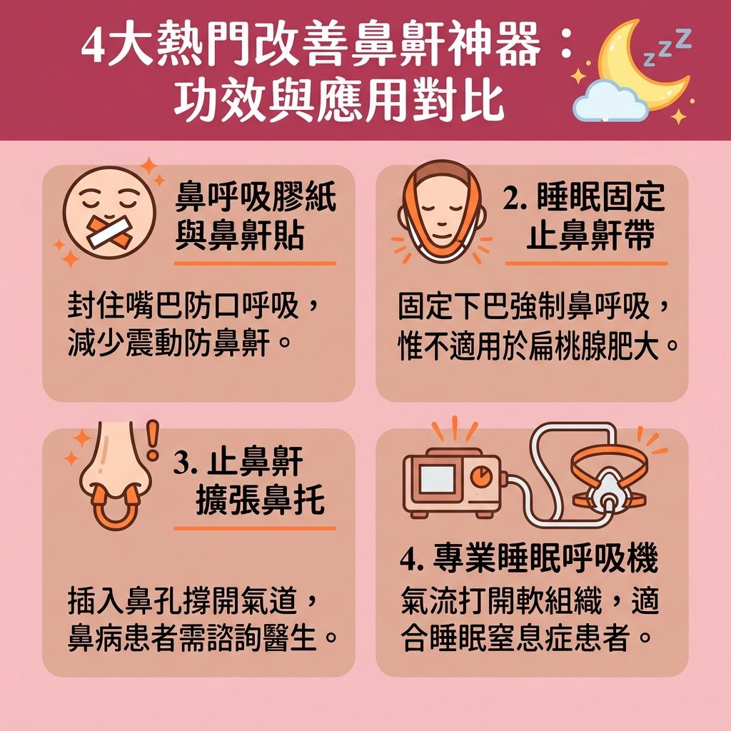 這是一張台灣健康部落格風格的 1:1 正方形扁平化資訊圖表，深入分析四大【解決鼻鼾方法】以【改善睡眠質素】。圖表探討了針對輕度【鼻鼾】患者的工具，如鼻呼吸膠紙與止鼻鼾帶，它們能幫助【保持呼吸道暢通】。然而，若鼻鼾源自【扁桃腺】、【軟顎】（如【懸雍垂】過長）、【鼻息肉】或【鼻中隔】異常（需考慮【鼻中隔偏曲矯正】），這些工具便無法【擴張上呼吸道】或【改善呼吸道阻塞】。

對於嚴重打鼾或患有【睡眠窒息症】（常伴隨【睡眠呼吸中止】與缺乏【氧氣】）的人士，若不進行【睡眠窒息症治療】，將難以【預防心血管疾病】與【減輕日間疲倦】。患者應前往【醫院】或專業【診所】尋求【醫生】進行【睡眠測試診斷】。除了配戴高壓氣流的【呼吸機】，現在也有多種醫療選項。

若傳統【手術】（如【切除扁桃腺手術】或【懸雍垂顎咽整型術】）的【手術風險後遺症】與漫長的【手術恢復期間】讓人卻步，可考慮【微創鼻鼾手術】或【無創止鼾療程】。例如，利用【激光】或【射頻消融術】（可諮詢【激光止鼾效果】）等先進【療程】來【收緊喉嚨肌肉】。這些微創技術能安全地處理【喉嚨】【肌肉】與【黏膜】，讓【呼吸道】恢復暢通，徹底遠離鼻鼾困擾。