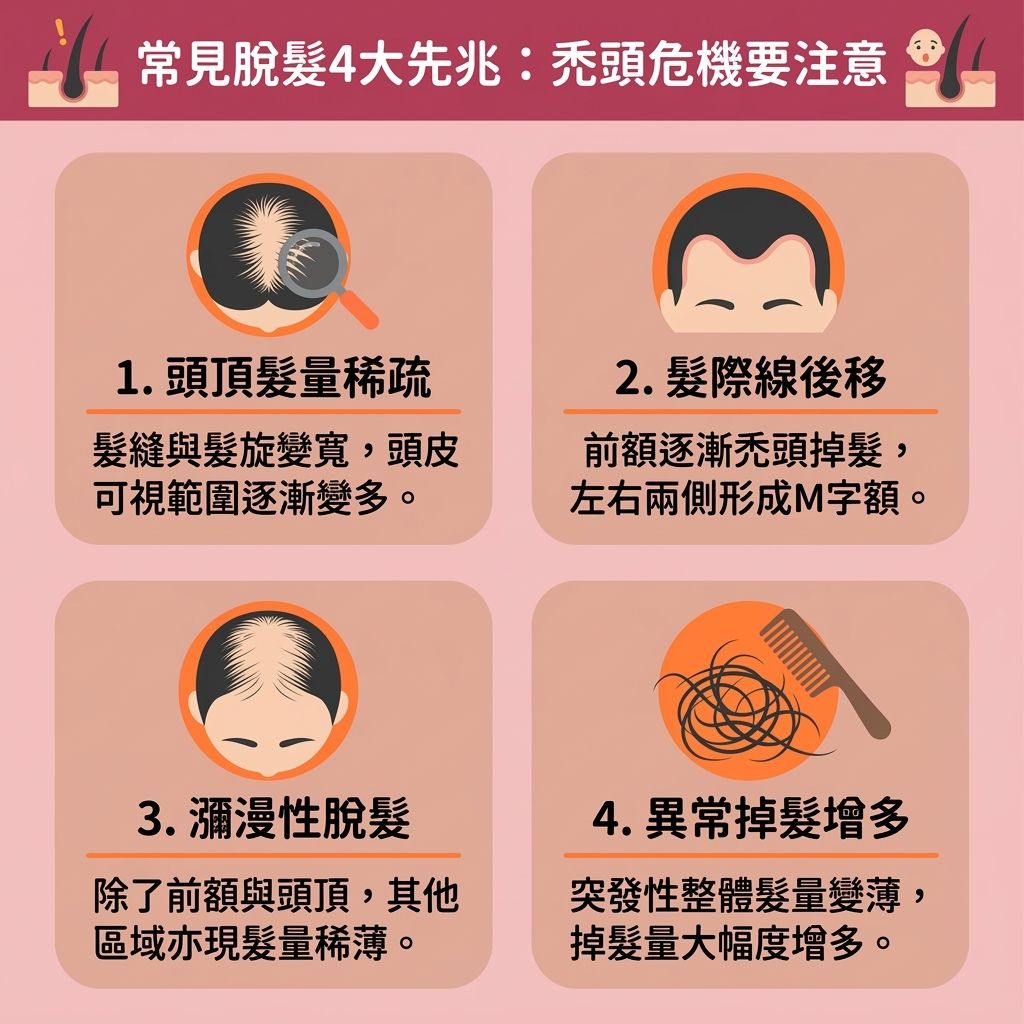 這是一張台灣健康部落格風格的 1:1 正方形資訊圖表，詳細解析了四個常見的脫髮先兆。一旦發現這些徵兆，便需要及早處理以改善頭髮稀疏並解決斷髮問題。圖表不僅提醒大家關注毛囊健康，更探討了雄性禿的成因，例如體內的雙氫睾酮過高。針對此問題，皮膚科醫生可能會建議使用柔沛或適尿通等處方藥物。作為常見的口服防脫髮藥與雄性禿治療藥物，它們能有效抑制男性荷爾蒙，但使用前需了解脫髮藥物比較及潛在的生髮藥副作用（如副作用可能加重肝臟負擔）。這類醫生處方生髮藥絕對不適合孕婦使用。
對於女性而言，荷爾蒙與雌激素的波動常導致脫髮。無論是進行治療休止期脫髮、更年期掉髮治療，或是尋找產後脫髮補健品與女性脫髮保健品，從內而外滋養髮根方法都十分重要。日常應多攝取防脫髮食物，或參考生髮維他命推薦，適當補充維他命、生物素、鐵質、鋅及蛋白質，這有助於促進膠原蛋白生成，達到強化毛囊健康、延緩頭髮老化與增加頭髮濃密度的效果。透過補充充足營養及改善頭皮血液循環（促進整體血液循環），能有效活化毛囊並促進頭髮生長。