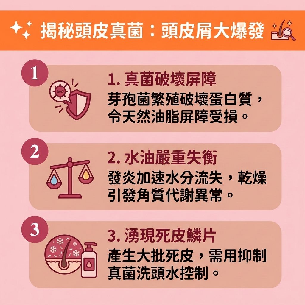 這是一張 1:1 正方形的扁平化向量圖，以台灣健康部落格的可愛醫美風格，詳細解說【頭皮】真菌引發的健康危機。畫面中顯示，當【皮脂腺】異常分泌引發【馬拉色菌】等真菌過度繁殖時，會破壞表皮的【蛋白質】與【角質層】，導致惱人的【頭皮屑】與【頭瘡】增多，甚至引發【毛囊炎】。

當【血液循環】不佳，加上【荷爾蒙】轉化為【雙氫睪酮】時，便會無情攻擊【毛囊】，導致【雄性禿】與異常【脫髮】。受損的【頭髮】甚至會失去【黑色素】而提早變成【白髮】。

為落實【預防脫髮方法】，圖表強烈建議必須注重【日常頭皮護理】，透過【溫和清潔頭皮】與【頭皮深層清潔】，來【抑制頭皮油脂】並【解決毛孔堵塞】，達到【抗菌消炎】與【舒緩頭皮紅腫】的效果。這不僅能【解決頭皮痕癢】、【減少頭皮屑】，更能【舒緩頭皮敏感】與【改善頭皮環境】。

圖表下方建議適時補充【氨基酸】，以【補充頭髮營養】，這有助於【促進血液循環】與【延緩毛囊老化】。若要【改善頭髮稀疏】，除了日常使用【生髮水】來【強健脆弱髮根】並【刺激毛囊再生】，情況嚴重者也可尋求【專業生髮療程】或【植髮】的幫助，有效【減少掉髮數量】！