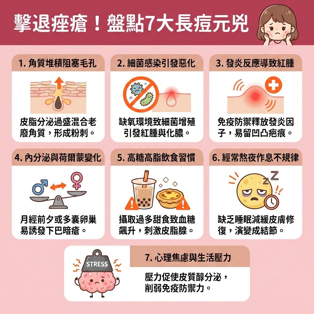 這是一張關於治療暗瘡的扁平化醫學美容資訊圖表。圖表詳細解釋了毛囊與皮脂腺異常活躍的成因。當荷爾蒙與內分泌失衡時，厚重的角質層會導致粉刺、黑頭和白頭增生。若缺乏徹底清潔皮膚與去除老廢角質，痤瘡桿菌會引發丘疹、膿皰、囊腫甚至嚴重的結節。  圖表建議日常應調整健康作息、舒緩精神壓力並減少進食甜食，以促進新陳代謝並調節內分泌失調。在保養方面，可使用含水楊酸或果酸的護膚品來疏通毛孔堵塞，並達到控制油脂分泌與維持水油平衡的效果。這不僅能增強皮膚屏障，還能改善粗糙膚質。若出現痘痘，需具備抗菌消炎鎮靜作用以舒緩紅腫發炎，