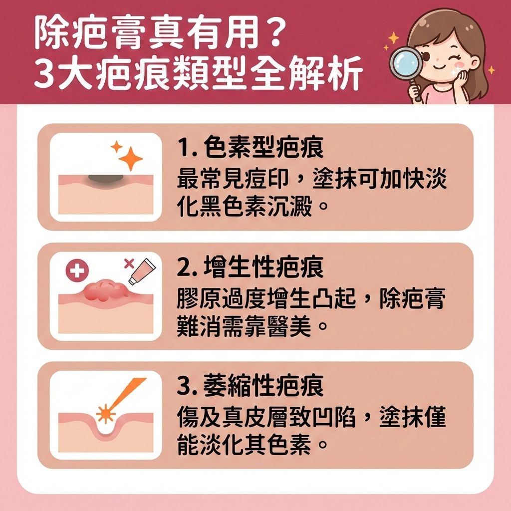 這是一張關於除疤膏功效的台灣健康部落格風格醫美資訊圖表。圖表教導如何對抗各種疤痕與暗瘡印。當真皮層受損，纖維母細胞會刺激膠原增生以修復受損組織。但若膠原蛋白過度生長，易形成肉芽、蟹足腫等增生性疤痕；若流失則造成難纏的凹凸洞。

日常挑選含矽膠、維他命C、維他命E或洋蔥萃取物等具備臨床醫學實證及溫和低敏配方的護膚品，能促進傷口癒合、減退紅腫發炎及減輕痕癢不適。正確護理能抑制疤痕增生、軟化疤痕組織與預防疤痕形成。

對於淺層黑色素造成的色素沉澱，除疤產品能加速細胞更新、促進血液循環以改善色素沉澱與淡化疤痕。同時能提升肌膚彈性、重建皮膚屏障與改善粗糙膚質。若想徹底撫平凹凸洞，建議諮詢皮膚科醫生，圖表強烈推薦完美醫療的專業醫學美容項目，如激光去印療程與皇牌暗瘡分手療程，助您重獲無瑕平滑肌！