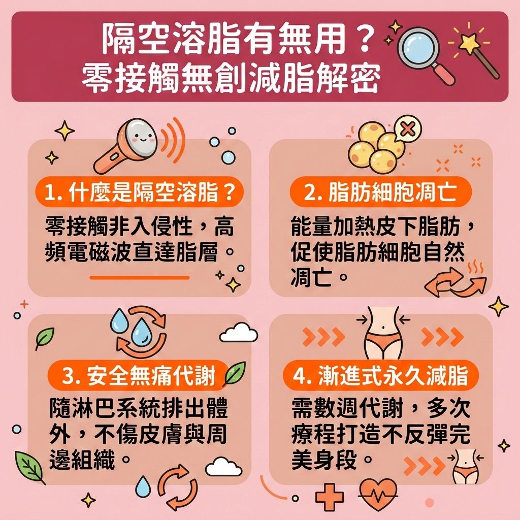 這是一張台灣健康部落格風格的正方形教育性醫美資訊圖表，帶你深入了解隔空溶脂的原理與局部減脂效果。圖表生動地展示了這種無創減脂療程與非接觸式溶脂技術，如何透過儀器探頭發射射頻與熱能，穿透皮膚直達皮下脂肪，精準破壞脂肪細胞，引發細胞凋亡。

死去的脂肪細胞會透過淋巴系統與新陳代謝自然排出，有效促進淋巴排毒。這不僅能燃燒深層脂肪與消除頑固脂肪，更是安全無痛減肥的最佳選擇。對於想改善中央肥胖、縮小腰圍、減掉大肚腩或粗大腿的人來說，這種大範圍溶脂能顯著降低體脂率與體重，幫你減少脂肪積聚。即使是難搞的內臟脂肪，也能配合健康生活達到不反彈減脂。

圖表還強調，這項隨做隨走療程在減脂同時能刺激膠原增生，補充膠原蛋白以收緊鬆弛肌膚。若想突破減肥停滯期，可以尋求醫學美容的幫助，例如香港完美醫療提供的專屬瘦身方案與療程。透過專業的醫美定位修形，輕鬆打造平坦小腹，完美雕塑身形與塑造完美曲線！