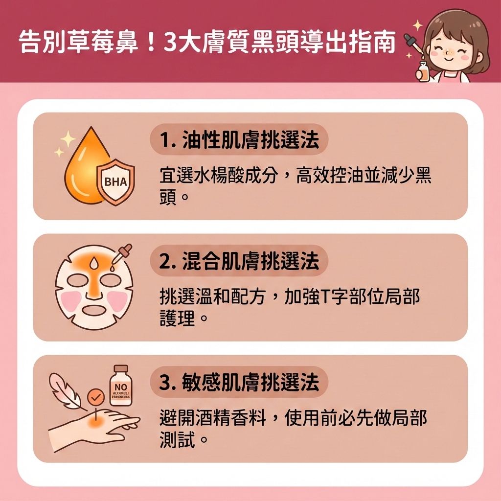 這是一張台灣健康部落格風格的正方形醫美資訊圖表，教你如何告別草莓鼻。當皮脂腺分泌過多油脂，加上肥厚的角質層，容易形成黑頭、粉刺與暗瘡。此時切記要避免過度擠壓與濫用鼻貼。

圖表建議依膚質挑選合適的黑頭導出液來溫和導出黑頭。透過含有水楊酸、果酸或杏仁酸的產品，能有效軟化老廢角質並溶解堆積油脂，幫助疏通堵塞毛孔與深層清潔毛孔。日常需搭配卸妝油與洗面奶來溫和潔淨肌膚，但要避免過度清潔以修復皮膚屏障與維持肌膚水分。同時，定期使用泥膜能控制油脂分泌與減少黑頭粉刺，達到調節水油平衡與改善粗糙膚質的效果。

清理完畢後，必須使用收縮水來緊緻粗大毛孔（收細毛孔），這有助於刺激膠原增生與舒緩紅腫發炎。若問題嚴重，應諮詢專業皮膚科醫生。圖表最後強烈推薦完美醫療的專業醫學美容項目，包含激光去印療程與皇牌「暗瘡分手療程」，助您解決肌膚煩惱，實現長效預防復發！