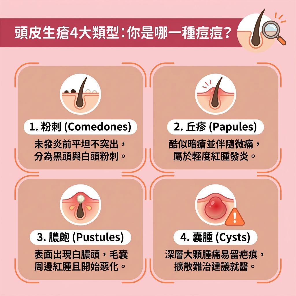這是一張台灣健康部落格風格的 1:1 正方形資訊圖表，詳細解析了四種常見的頭皮生瘡類型與症狀。許多人苦惱於頭皮長暗瘡痛，這往往與皮脂腺分泌過多油脂及皮脂有關，進而引發毛囊發炎（即毛囊炎）與頭瘡。當角質層積聚、加上細菌或真菌（如馬拉色菌）滋生時，更易形成暗瘡。圖表不僅教你分辨症狀，更提供頭皮生粒粒解決方法。
無論是壓力大頭皮生瘡影響免疫系統，還是雄激素與荷爾蒙變化導致的荷爾蒙失調頭皮生瘡，甚至是嚴重的頭皮發炎脫髮與脫髮危機，我們都需重視頭皮敏感護理與預防頭皮發炎。日常中，掌握正確洗頭步驟，挑選合適的洗頭水及護髮素至關重要。我們整理了毛囊炎洗頭水推介與去角質洗髮露，幫助深層清潔頭皮、改善頭皮出油及控制皮脂分泌。
若想進一步舒緩頭皮痕癢、消除頭皮紅腫或達到頭皮抗菌消炎效果，可考慮專業的頭皮清潔療程。針對治療頭皮暗瘡，市面上有許多頭瘡膏推薦，部分人也會選擇中醫調理頭瘡；但若壓力過大或情況嚴重，請務必尋求皮膚科醫生協助。