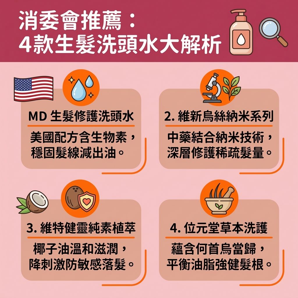 這是一張台灣健康部落格風格的 1:1 正方形資訊圖表，主題為消委會的生髮洗頭水推薦。圖表介紹了4款能有效改善頭髮稀疏的防脫髮洗髮露與無矽防脫洗頭水，幫助對抗脫髮問題。若想減少掉髮數量並解決髮線後移，挑選合適的生髮洗頭水至關重要。

圖中解析了多種關鍵營養素與成分，例如咖啡因（發揮咖啡因洗頭水功效）、生物素、鋸棕櫚、藍銅勝肽及酮康唑，這些成分能刺激毛囊生長、活化休止期毛囊並延長毛髮生長期。透過頭皮深層清潔，能有效控制頭皮出油，平衡皮脂腺與荷爾蒙，從而改善頭皮屑並作為良好的去頭皮屑洗頭水。

良好的洗髮習慣能促進頭皮血液循環（提升血液循環）並加速新陳代謝，為頭皮與毛囊注入活力，同時促進膠原蛋白與角蛋白生成，達致強化髮根健康及增強髮絲韌度，穩固脆弱的髮根。這不僅適合用於改善產後脫髮或舒緩頭皮敏感，也是對抗雄性禿的優質雄性禿洗頭水。使用前應留意產品成分以避免生髮洗頭水副作用，若情況嚴重，建議諮詢皮膚科醫生。