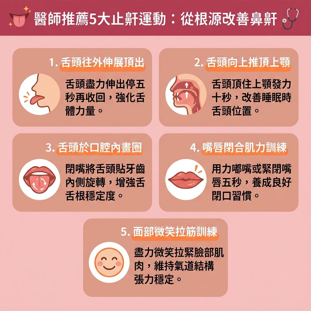 這是一張台灣健康部落格風格的 1:1 正方形扁平化資訊圖表，詳細圖解醫師推薦的【改善鼻鼾運動】與【呼吸訓練法】。打【鼻鼾】常因頸部【脂肪】積聚，或【下顎】、【咽喉】、【喉嚨】與【軟顎】的【肌肉】鬆弛，導致【舌頭】後墜阻塞【呼吸道】與【鼻腔】，影響【氣流】並引發【睡眠窒息症】。為【舒緩睡眠障礙】及【預防睡眠缺氧】（缺乏【氧氣】），患者除了【控制體重減鼻鼾】外，也可透過【物理止鼾方法】如【舌頭伸展運動】與【咽喉肌肉鍛鍊】來【強化口腔肌肉】。

這些【解決鼻鼾方法】能有效【收緊喉嚨肌肉】、【防止舌頭後墜】，進而【保持呼吸道暢通】與【改善呼吸道阻塞】。當【睡眠】期間能維持正確姿勢，便能【改善用口呼吸】、【減少打呼嚕】、【降低停止呼吸頻率】。長期堅持不僅能【提升睡眠質素】，還能大幅【減輕日間疲倦】。若問題嚴重，建議前往專業【診所】尋求【醫生】進行【睡眠測試】與【睡眠測試診斷】。醫生可評估是否需要佩戴【牙膠】、使用【呼吸機】或安排其他專屬【療程】。