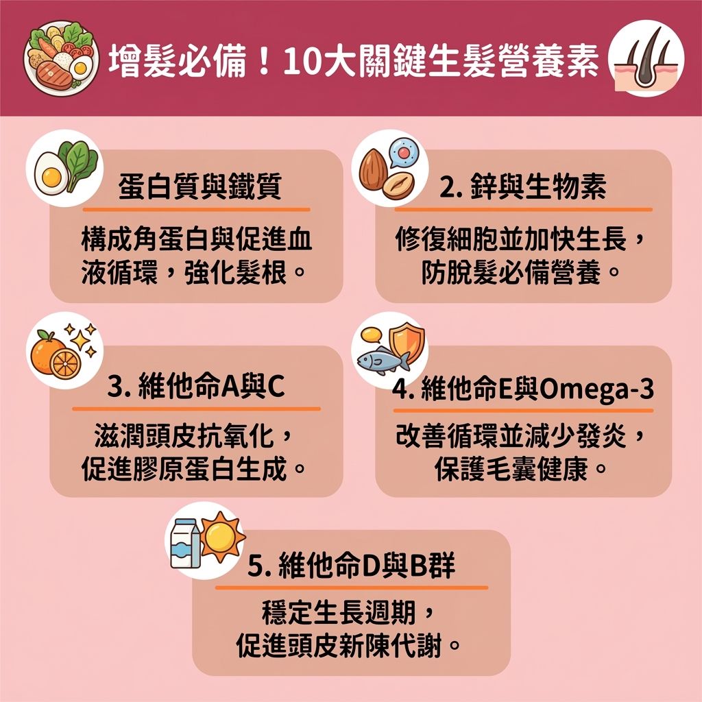 這是一張台灣健康部落格風格的 1:1 正方形資訊圖表，主題為防脫髮食療大全與增加髮量食物推薦。許多人常問吃什麼生髮最快？圖表詳細列出了十種促進頭髮生長營養，幫助您建立良好的頭皮健康飲食習慣。為了解決掉髮缺乏營養的問題，我們需要從日常營養素著手。

圖表指出，補充蛋白質防掉髮是關鍵，多吃雞蛋、瘦肉能食物補充角蛋白，因為蛋白質是構成角蛋白的核心。搭配菠菜等富含鐵質的食物，能加強鐵質吸收防脫髮並促進頭皮的血液循環。鋅與生物素也是不可或缺的，補充生物素生髮能鞏固髮絲，是完美的強化髮根食物名單。

在維他命方面，攝取充足維他命能保護毛囊，發揮膠原蛋白生髮作用（促進合成膠原蛋白）。為了攝取優質的脂肪酸（Omega-3），可多吃三文魚與堅果，並注意堅果生髮食用份量，這對於改善毛囊萎縮食物選擇及預防白髮變黑食物都有幫助。同時，中醫常推崇補血養髮中醫食療，例如發揮黑芝麻生髮功效的黑芝麻與黑豆，也是增加頭髮厚度食譜的常客。無論是為了尋求改善頭髮稀疏飲食、對抗一般脫髮，還是需要產後生髮飲食調理，這份指南都能助您養出濃密秀髮。