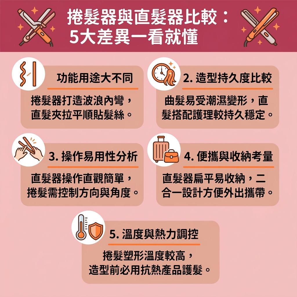 這是一張台灣健康部落格風格的 1:1 正方形資訊圖表，主題為捲髮器推薦比較。圖表詳細介紹了如何挑選不傷髮質捲髮棒與捲髮器尺寸選擇。許多人在進行造型時擔心熱力與溫度過高會導致燙傷，因此圖表強調了預防高溫傷髮的重要性，並提供實用的捲髮器溫度設定與自動捲髮器用法。

圖表分析了陶瓷材質的陶瓷捲髮器好處，其均勻的塗層能保護髮絲與頭髮，結合負離子技術更能達到完美的負離子護髮造型。從髮根到髮尾，無論是想改善頭髮扁塌打造韓式氣墊燙效果，或是針對瀏海進行處理，都能輕鬆保護髮質。

對於初學者，圖中提供了新手捲髮教學與髮尾內彎教學，教你如何利用捲髮器（或捲髮棒）及兩用直捲髮器（結合直髮夾功能）來塑造大波浪捲髮，展現迷人的波浪與捲度。搭配防燙捲髮器設計與無線便攜捲髮棒，是快速出門髮型的必備神器。記得做好捲髮前護理與日常護髮，並運用持久捲髮技巧及定型噴霧推薦，讓你維持完美的弧度，全天候亮麗動人。