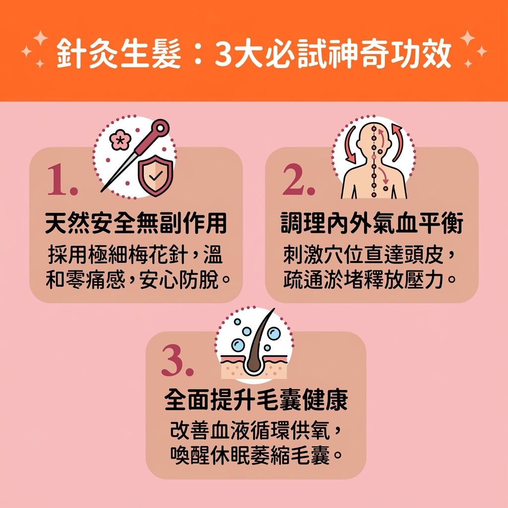 這是一張 1:1 扁平化醫美資訊圖表，介紹【中醫】如何透過【針灸】來【解決異常掉髮】與進行【中醫調理脫髮】。圖中展示專業醫師使用極細的【梅花針】進行治療，這能精準刺激【頭皮】的【穴位】並【按摩頭部穴位】，有效【疏通頭皮經絡】與【經絡】，達到【改善氣血不足】的效果。

當人體面臨【腎虛】、【脾胃】不佳、【肝血】不足或【荷爾蒙】與【內分泌】失衡（需要【調整內分泌失調】）時，會影響【新陳代謝】與【氣血】，進而引發【雄性禿】、【斑禿】或一般【脫髮】。透過針灸能【改善頭皮微循環】、【促進血液循環】及維持良好的【血液循環】，為深層【毛囊】輸送充足的【營養】。

這套療程能【激活休眠毛囊】、【刺激毛囊生長】、【延緩毛囊萎縮】，並【強健頭髮生長】。不僅能【滋養脆弱髮根】保護【髮根】，更能【修復受損髮絲】與【預防遺傳性脫髮】。除了【治療局部斑禿】與【改善頭皮環境】，針灸還能【舒緩精神壓力】、【提升睡眠質素】，最終大幅【增加頭髮密度】！