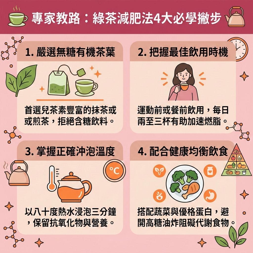 這是一張台灣健康部落格風格的 1:1 正方形資訊圖表，介紹綠茶搭配輕斷食的減肥法。正確調整飲食結構，減少碳水攝取（控制碳水化合物）並補充優質蛋白質（攝取優質蛋白質），是極佳的減脂增肌飲食。這能穩定血糖與胰島素，避免荷爾蒙失調。綠茶富含抗氧化物，能保護腸胃，配合膳食纖維可促進腸胃蠕動。

在減重停滯期，喝綠茶能幫助你突破減肥停滯期。搭配有氧運動（破解空腹運動迷思），能延長燃脂時間，增加肌肉量，進而提升基礎代謝與整體的基礎代謝率，加速新陳代謝。這有助於精準控制熱量攝取（消耗卡路里），有效破壞深層脂肪細胞，代謝多餘脂肪。

長期正確飲用能燃燒深層脂肪與消除頑固脂肪，針對內臟脂肪與皮下脂肪有顯著效果，是實用的減大肚腩方法，能改善中央肥胖，最終達到降低體脂比例的目標，助你打造易瘦體質與預防脂肪積聚。若想進一步塑造緊緻線條，現代醫學美容提供了高效的局部減脂療程。香港完美醫療擁有專業的醫美定位修形技術，能安全可靠地為您雕塑完美曲線！
