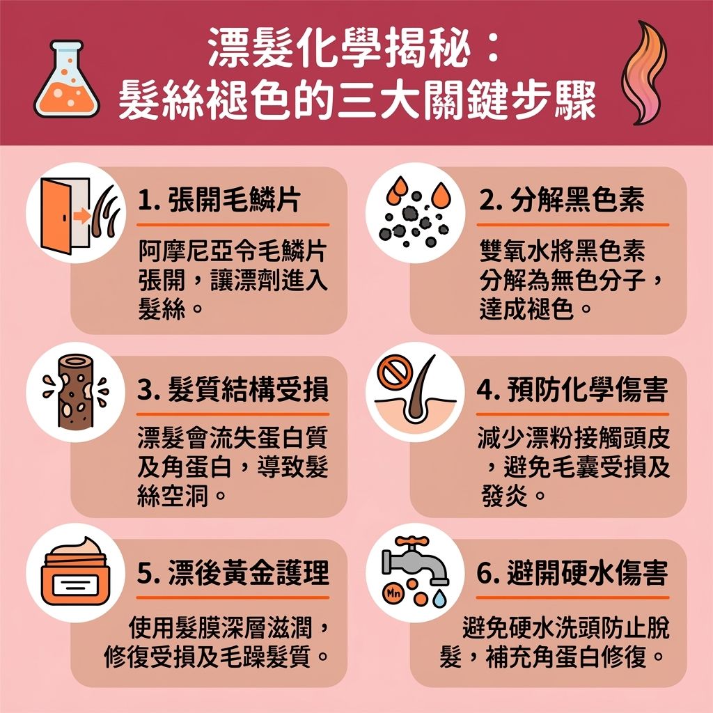 這是一張台灣健康部落格風格的 1:1 正方形資訊圖表，詳細解析了漂髮與染髮過程中的化學變化。圖中說明了雙氧水與漂粉如何作用於髮絲，首先由阿摩尼亞打開毛鱗片，讓化學物質進入內部氧化黑色素以達到褪色效果。此過程會使蛋白質與角蛋白流失，造成漂髮後遺症如斷髮與髮質變差解決需求。

為了預防漂染斷髮及漂髮脫髮原因，正確的漂髮護理及漂後保養步驟至關重要。建議使用護髮素與髮膜進行深層滋潤髮絲，修復受損頭髮並改善毛躁髮質。同時應注意漂髮次數限制以保護毛鱗片，減少化學傷害。若漂髮頭皮痛或出現頭皮敏感發炎，應諮詢皮膚科醫生，因為漂髮傷毛囊可能導致脫髮。保養時建議使用去黃洗頭水進行漂髮褪色保養，並補充頭髮角蛋白。此外，需注意硬水洗頭脫髮風險，避免硬水中的礦物質加劇受損，全方位進行漂染頭髮保養。