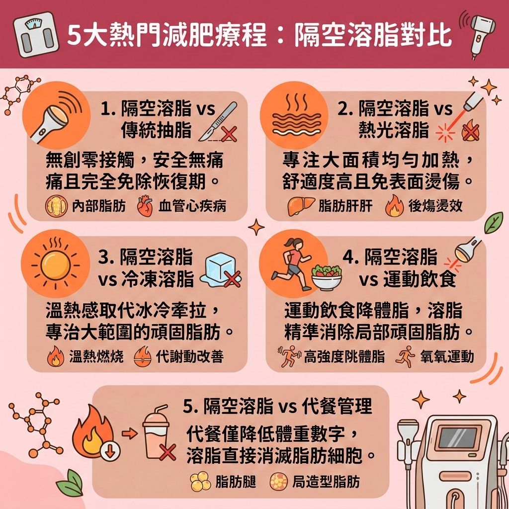 這是一張台灣健康部落格風格的 1:1 正方形資訊圖表，詳細比較了五大熱門減肥療程。對於想突破減肥停滯期、降低體重與體脂率的愛美人士來說，醫學美容提供了多元選擇。圖表中重點介紹了香港完美醫療的隔空溶脂這項無創減脂療程。它採用非接觸式溶脂技術，利用特定探頭釋放射頻，將熱能精準傳導至深層的皮下脂肪與內臟脂肪。

這種安全無痛減肥方法能提供大範圍溶脂，促使脂肪細胞自然凋亡，進而破壞脂肪細胞。隨後透過淋巴系統與新陳代謝將廢物排出體外，達到促進淋巴排毒的作用。它不僅擁有極佳的局部減脂效果，更能有效消除頑固脂肪與燃燒深層脂肪，幫助縮小腰圍、減去大肚腩與粗壯的大腿，解決並改善中央肥胖，從根本上減少脂肪積聚。

此外，療程中的熱能還能刺激膠原增生（增加膠原蛋白），有效收緊鬆弛肌膚。作為一種優質的隨做隨走療程，它不僅能實現不反彈減脂，更是為您量身打造的專屬瘦身方案與精準的醫美定位修形。無論您是想打造平坦小腹還是優化整體身形，這項療程都能助您塑造完美曲線！