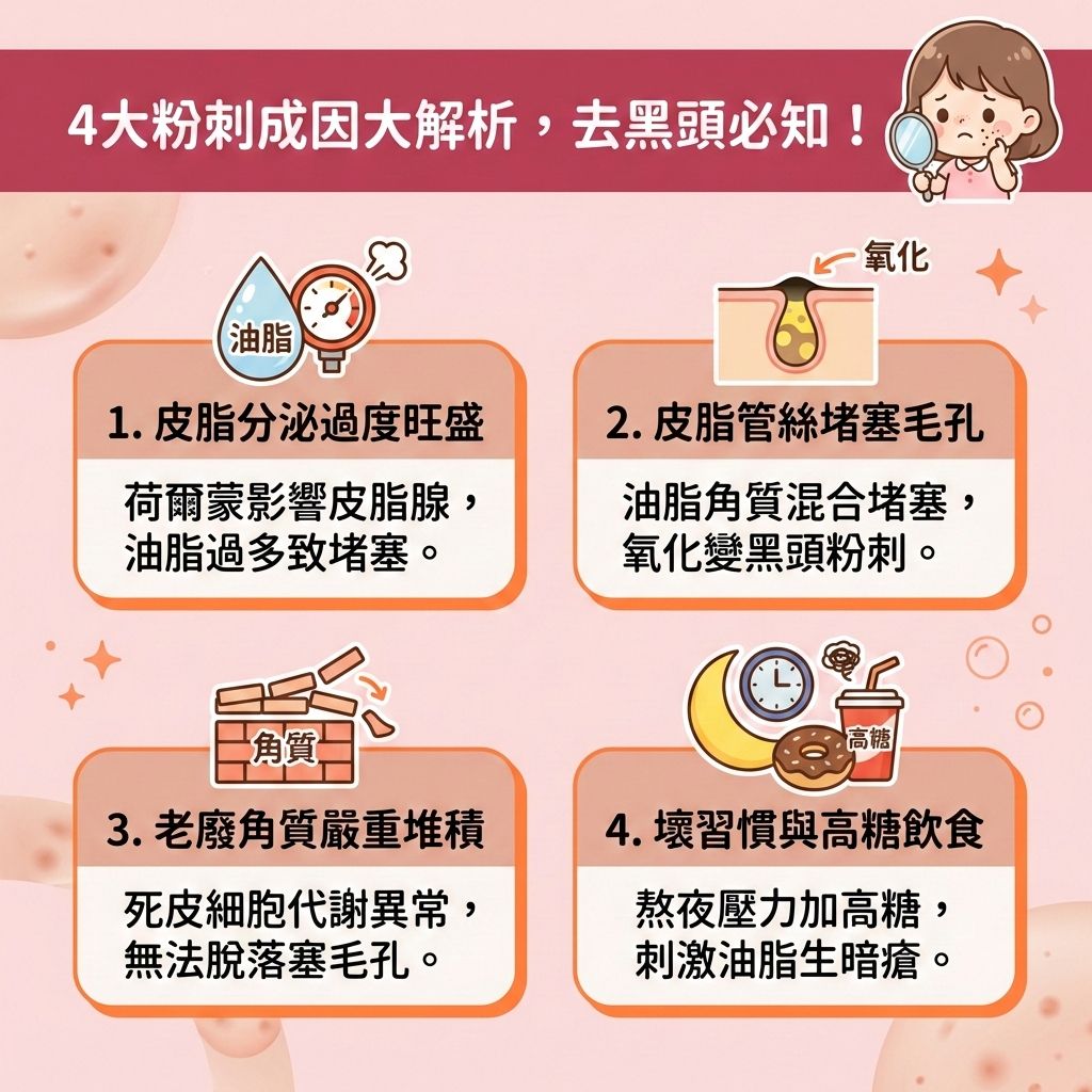 這是一張台灣健康部落格風格的正方形醫美資訊圖表，詳細解說四大粉刺與黑頭成因。圖中女孩正煩惱著臉上的肌膚問題。當我們壓力大或飲食高糖，會刺激皮脂腺分泌過多油脂。若角質層代謝不良，死皮會與油脂結合形成角栓，進而導致毛孔堵塞。氧化後就變成黑頭，甚至發炎成暗瘡。 為了預防暗瘡形成與減少黑頭粉刺，我們需要深層清潔毛孔與疏通堵塞毛孔。日常應使用卸妝油徹底卸除彩妝，搭配溫和洗面乳來溫和潔淨肌膚，但要避免過度清潔以保護皮膚屏障，達到修復受損屏障與舒緩紅腫發炎的效果。 針對頑固粉刺，可使用含果酸、水楊酸或杏仁酸的護膚品，或