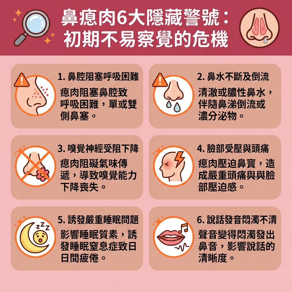 這是一張台灣健康部落格風格的 1:1 正方形扁平化資訊圖表，詳細解說【鼻瘜肉】。圖表探討了【鼻瘜肉成因】與常見的 6 大【鼻瘜肉症狀】。當異常【組織】增生或【鼻黏膜腫脹】時，會嚴重影響【黏膜】與【鼻腔】空間，導致長期【鼻塞】。患者會發現【鼻腔分泌物增多】，流出濃稠【鼻水】，這也是常見的【嗅覺減退原因】（影響【嗅覺】傳遞）。

若瘜肉過大壓迫到【鼻竇】，極易引發或加重【鼻竇炎】與【鼻敏感】，需要及早尋求【解決鼻塞方法】與【舒緩鼻敏感症狀】。嚴重的鼻瘜肉會阻礙【呼吸道】，導致睡眠時打【鼻鼾】，甚至引發【睡眠窒息症】。為【改善用口呼吸】、【降低鼻鼾頻率】並【解決打鼻鼾】，患者必須積極【改善呼吸道阻塞】以全面【改善睡眠質素】。

建議患者前往專業【診所】尋求【醫生】或【耳鼻喉科】的【耳鼻喉科專科診斷】。透過精密的【內視鏡】進行【鼻內視鏡檢查】，可制定有效的【鼻竇炎治療】與【預防鼻瘜肉】方案。初期可使用【類固醇】藥物（如【類固醇噴鼻劑】）控制；若情況嚴重，則需考慮進行【切除鼻瘜肉手術】或先進的【鼻瘜肉微創手術】（【微創】【手術】）。精準的治療能徹底清除病灶，減少【鼻瘜肉復發】機會，讓呼吸重拾暢通。