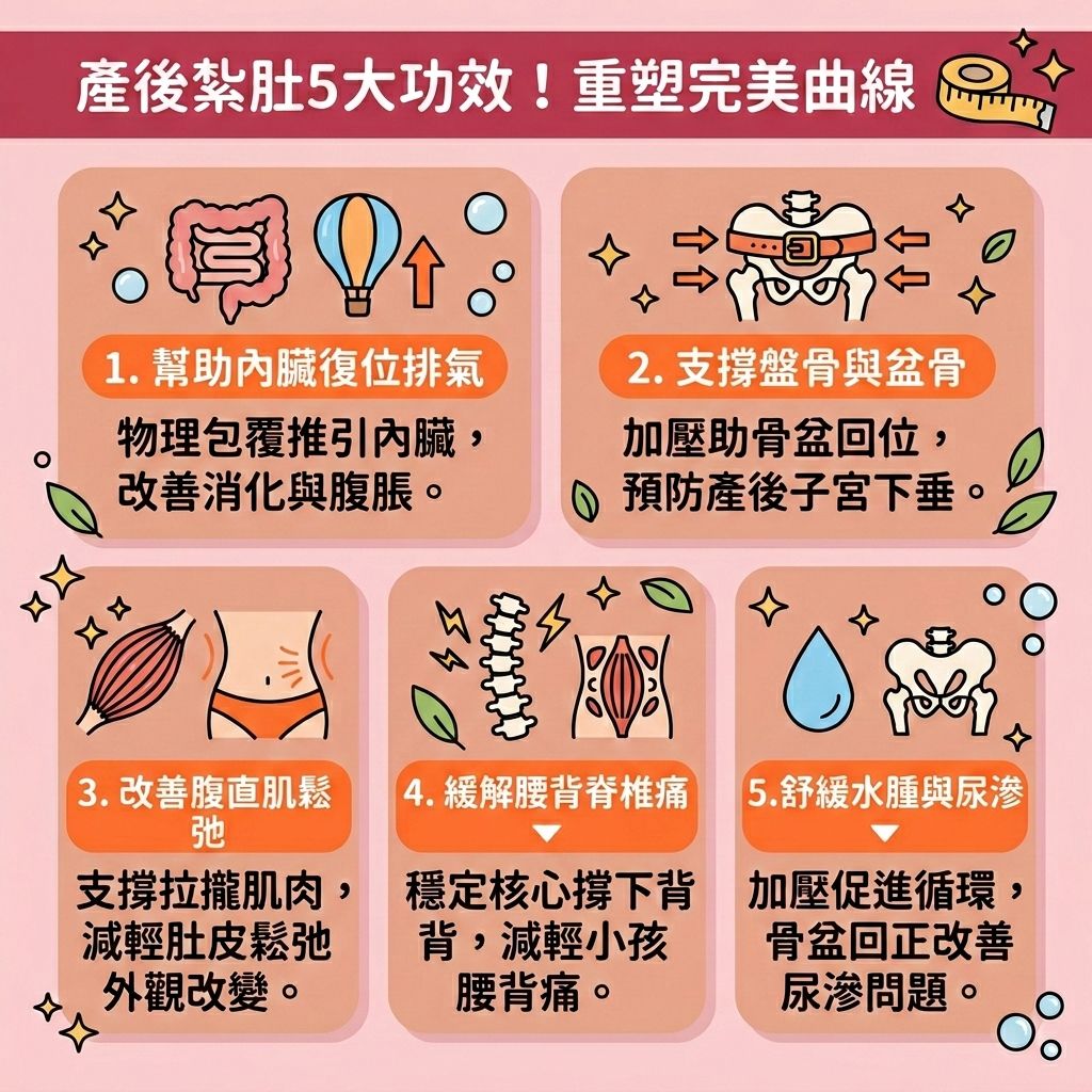這是一張台灣健康部落格風格的正方形教育性醫美資訊圖表，主要為產婦介紹紮肚的五大功效與古法紮肚效果。不論是順產還是剖腹產的媽媽，把握紮肚黃金期使用束腹帶或專業療程，對於產後修身與產後媽媽瘦身都至關重要。圖表詳細描述了紮肚如何幫助內臟復位，讓移位的內臟歸位；同時能促進子宮收縮，保護子宮並幫助排清體內惡露與殘留的惡露。

在骨骼方面，能達到產後盆骨修復，穩定骨盆與盆骨，有效改善骨盆前傾及舒緩腰背痛楚，更可改善尿滲問題。針對腹部，紮肚能修復拉扯的腹白線，促進腹直肌分離改善，強化核心肌群與腹直肌。這不僅能緊緻鬆弛肚皮、減淡腹部紋理與妊娠紋，還能收緊腹部線條，幫助消除腰腹贅肉與大肚腩。

為了徹底解決中央肥胖、降低體脂率並恢復產前體態，除了傳統紮肚，也可考慮結合醫學美容的幫助。香港完美醫療提供度身訂造的專屬瘦身方案與無創減脂療程，透過先進的醫美定位修形技術，為您精準打擊脂肪，重拾自信美麗！