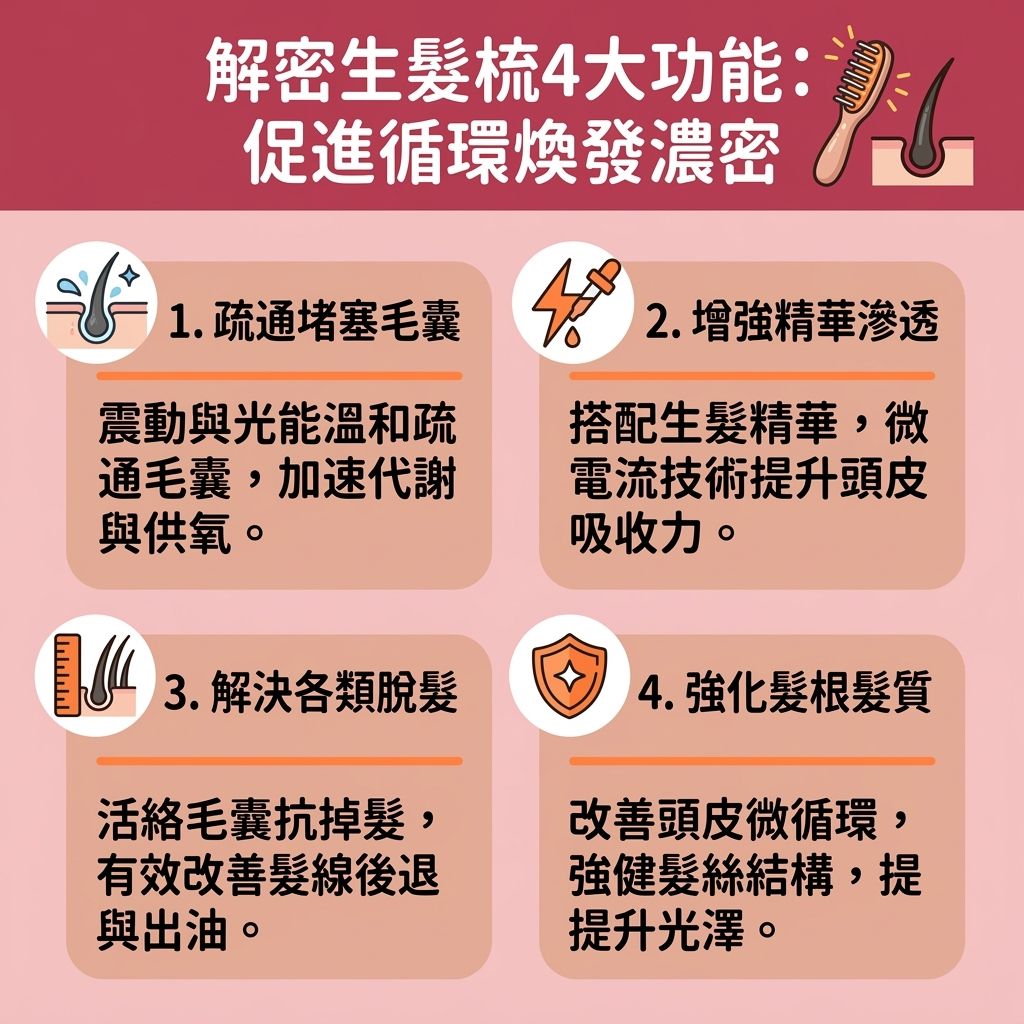 這是一張台灣健康部落格風格的 1:1 正方形扁平化資訊圖表，詳細圖解家用生髮儀器之一的生髮梳。許多人常問生髮梳有用嗎？圖表深入分析了激光生髮梳效果與生髮梳使用方法，指出它能透過低能量激光與紅光進行紅光生髮治療，並結合微電流來達致頭皮按摩生髮。這不僅能幫助清除多餘油脂，更促進細胞產生三磷酸腺苷，進而提升新陳代謝並促進頭皮血液循環（改善血液循環）。

圖表建議在保養時，可以配合生髮水使用或導入生髮精華與其他營養素。這能顯著刺激毛囊生長、喚醒休止期毛囊並穩定頭髮週期，有效延長毛髮生長期以減少掉髮數量。對於面臨脫髮、雄性禿的人來說，這有助於治療初期脫髮、解決髮線後移及改善頭髮稀疏。同時，光能刺激能促進膠原蛋白生成，進一步強化髮根健康與增強髮絲韌度，穩固髮根與毛囊，全面保護頭皮。

在選擇產品時，民眾常會進行防脫髮產品比較，建議參考具備安全認證的生髮梳推薦名單，以避免不必要的生髮梳副作用。若有嚴重落髮疑慮，請務必尋求皮膚科醫生的專業評估。