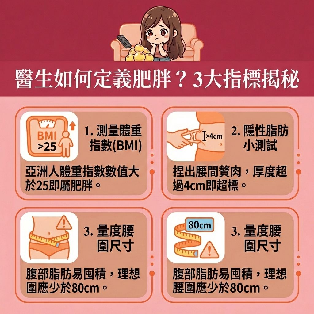 這是一張台灣健康部落格風格的1:1正方形醫美資訊圖表。圖中的長髮女生正在男生的場景中，專心聆聽醫生（註冊醫生）與營養師解說如何評估身體狀況與診斷肥胖症。要落實健康體重管理，首先要精準測量體重指數（BMI）與體脂率，並透過捏腰間贅肉來檢測隱藏的脂肪，以防減少脂肪積聚的努力白費。

當面對荷爾蒙變化或血糖不穩，導致卡路里攝取過多時，醫生會進行專業醫生評估。若日常控制無效，醫生可能會建議使用處方藥物（如合法的處方減肥藥物或減肥針）來幫助控制食慾，但需注意潛在的副作用。日常必須配合帶氧運動，並由專家制定專屬餐單，以維持肌肉量、提升基礎代謝與基礎代謝率，從而改善新陳代謝。

透過持續追蹤減重進度，能有效燃燒體內脂肪、降低體脂比例並改善易胖體質，幫助你突破減肥停滯期。針對難以消除的贅肉，可選擇醫學美容的局部減脂療程。香港完美醫療提供完整的醫學減肥療程與專屬瘦身方案，包括安全無痛溶脂、溶脂針、抽脂等先進的醫美定位修形技術，精準消除頑固脂肪，助您重獲健康自信的體態！