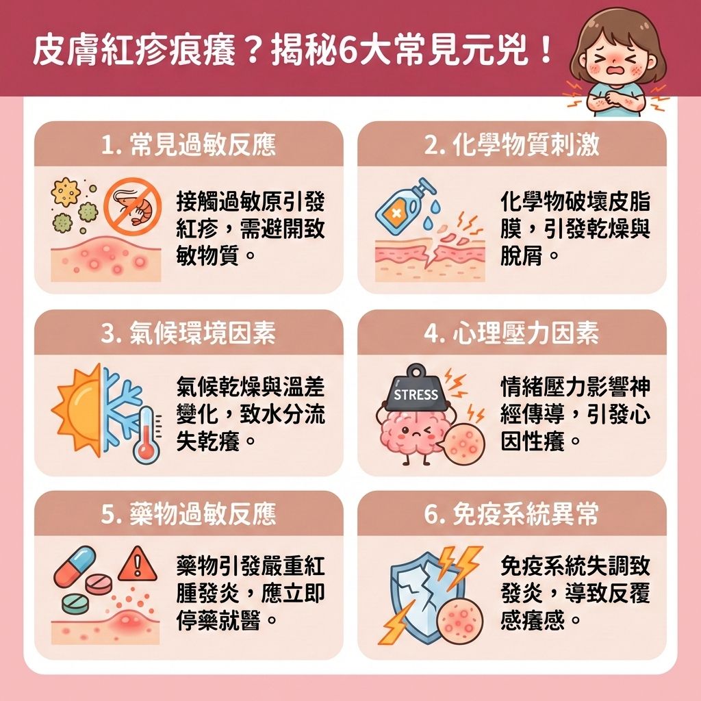 這是一張台灣健康部落格風格的醫學美容資訊圖表，詳細解說導致皮膚紅疹與痕癢的6大原因。圖表指出，當我們的免疫系統失調，或接觸到環境中的過敏原時，身體會釋放組織胺，引發紅腫發炎反應，導致濕疹、蕁麻疹、接觸性皮膚炎、玫瑰痤瘡、毛囊炎以及伴隨丘疹與水泡的汗疹。這會嚴重破壞脆弱的角質層與皮膚屏障，並刺激底層的微血管與皮脂腺。

為舒緩皮膚痕癢與舒緩敏感症狀，我們必須避免過度搔抓，可透過冰敷舒緩紅腫來達到褪紅消炎鎮靜的效果。日常護理方面，應挑選合適的護膚品來溫和清潔皮膚，並嚴格避免刺激物質與減少接觸致敏原。這樣能有效改善乾燥脫皮、改善粗糙膚質、修復受損組織，從而增強皮膚屏障。

保持良好的生活習慣，如保持環境通風與促進血液循環，有助於降低過敏機率與調節免疫功能。若紅疹持續且可能誘發暗瘡，切勿自行濫用類固醇藥物，應盡快諮詢專業皮膚科醫生。圖表最後強烈推薦完美醫療的專業療程，包含能去印的激光去印療程與皇牌「暗瘡分手療程」，助您從根本解決肌膚問題，實現長效預防復發！