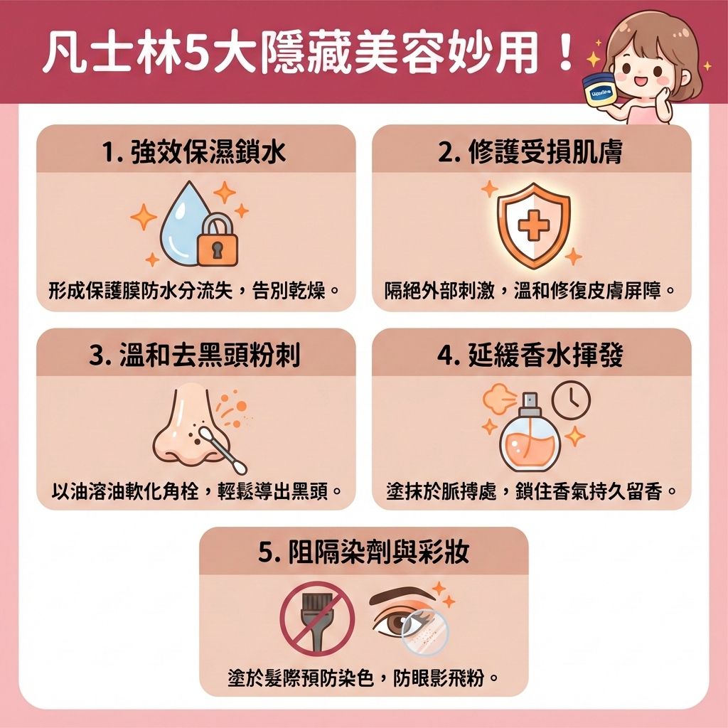 這是一張台灣健康部落格風格的醫美資訊圖表，介紹凡士林的5大美容用途。第一，它能為敏感肌提供保護，修復受損屏障（維護脆弱的皮膚屏障），並舒緩紅腫發炎。第二，它能鎖水保濕。第三，針對惱人的草莓鼻，當皮脂腺分泌過多油脂，混合肥厚的角質層會形成黑頭、粉刺及暗瘡。此時可利用凡士林「以油溶油」的特性，厚敷並蓋上保鮮紙來軟化老廢角質與溶解堆積油脂。接著用棉花棒****溫和導出黑頭，這能疏通堵塞毛孔、深層清潔毛孔並減少黑頭粉刺，切記要避免過度擠壓。

不過，清理後必須用卸妝油與洗面奶將殘留物徹底卸除乾淨，以溫和潔淨肌膚，否則容易造成毛孔堵塞。日常要避免過度清潔，可搭配含果酸或水楊酸的護膚品來控制油脂分泌與調節水油平衡，從而改善粗糙膚質並緊緻粗大毛孔（收細毛孔）。若肌膚問題嚴重，請尋求專業皮膚科醫生協助。圖表最後推薦完美醫療的專業項目，如激光去印療程與皇牌「暗瘡分手療程」，助您輕鬆重拾無瑕肌！