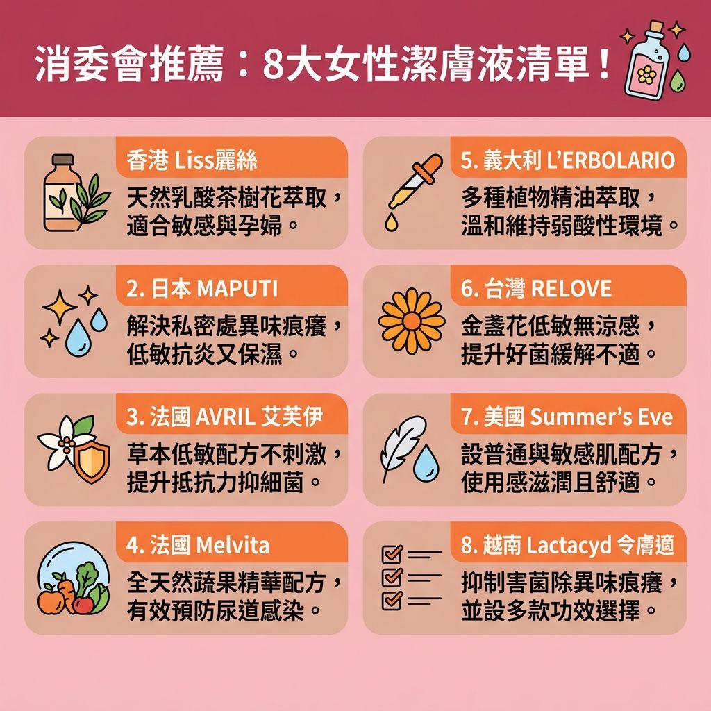 這是一張1:1正方形的台灣健康部落格風格資訊圖表，詳細解說【私密處清潔方法】與挑選【女性衛生用品】的指南。當女性面對【雌激素】與【荷爾蒙】波動，或在有【分泌物】與【經血】期間，【陰道】與【陰唇】的【微生態】及【酸鹼度】極易失衡。若錯誤使用一般【沐浴露】過度清洗，會洗走【乳酸桿菌】與【益生菌】，從而【破壞天然保護層】及脆弱的【黏膜】。

這極易誘發【念珠菌】、【滴蟲】或【陰道炎】，導致【白帶】異常，出現令人尷尬的【魚腥味分泌物】或【豆腐渣分泌物】。嚴重者更會面臨【陰部紅腫發炎】、【陰道痕癢痛楚】及伴隨【尿道】或【盆腔炎】等【念珠菌感染症狀】，急需【舒緩外陰痕癢】的方案。

為有效【消除私密處異味】、【維持私密處酸鹼值】與【預防陰道感染】，日常除了【減少使用護墊】並【穿著透氣內褲】（替換不透氣的【內褲】及【護墊】），以及注重正確的【經期護理方法】外，應選擇溫和弱酸性的【抗菌潔膚液】以幫助【私密處保濕】與【改善陰道乾澀】。結合健康作息以【增強身體免疫力】與專業的【無創私密處保養】，從根源重塑女性私密健康。