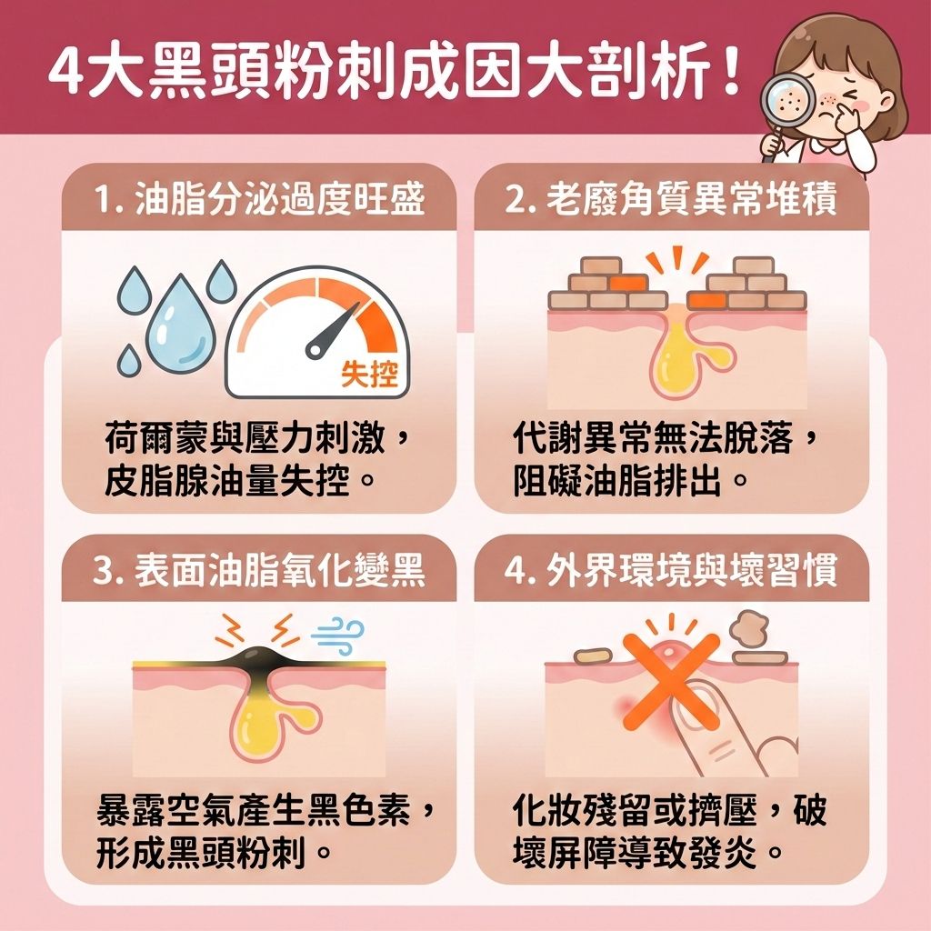 這是一張台灣健康部落格風格的正方形醫美資訊圖表，詳細解析四大成因。當荷爾蒙失衡時，皮脂腺會分泌過多油脂。若加上過厚的角質層代謝異常，會造成毛孔堵塞。當污垢與細菌積聚在毛孔，並接觸空氣氧化，就會形成黑頭與粉刺，甚至引發暗瘡。

要減少黑頭粉刺與預防暗瘡形成，必須深層清潔皮膚。日常使用卸妝油與洗面奶來徹底卸除彩妝並溫和潔淨肌膚，但要避免過度清潔以免破壞皮膚屏障，這樣才能修復受損屏障並舒緩紅腫發炎。同時要注意防曬以抵禦紫外線。

保養方面，建議挑選含果酸、水楊酸或杏仁酸的護膚品，能有效去除老廢角質、溶解堆積油脂並疏通堵塞毛孔。這不僅能控制油脂分泌、調節水油平衡，還能促進細胞代謝、改善粗糙膚質及緊緻粗大毛孔。切記絕對要避免過度擠壓。若情況嚴重，圖表強烈推薦香港完美醫療的專業醫學美容項目，如激光去印療程與皇牌「暗瘡分手療程」，助您重拾健康美肌！