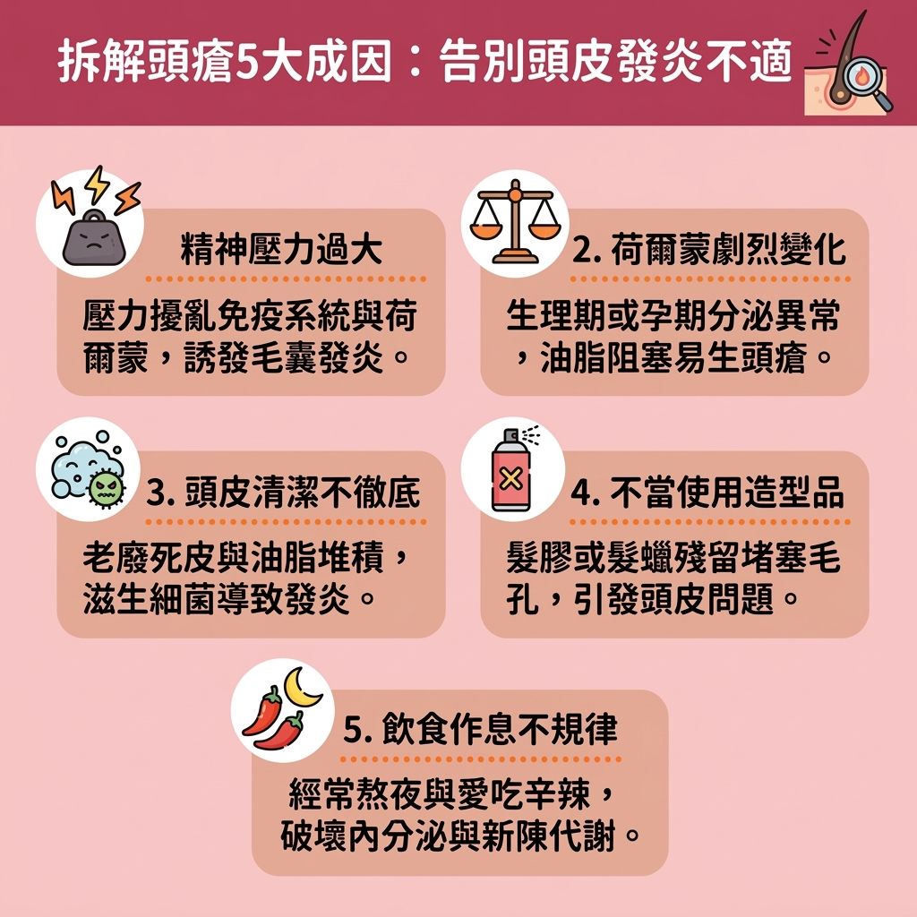 這是一張台灣健康部落格風格的 1:1 正方形資訊圖表，詳細圖解頭瘡的成因與頭瘡解決方法。現代人常因壓力與不良睡眠引發壓力大生頭瘡及熬夜生頭瘡，這會破壞內分泌與免疫系統，並減慢新陳代謝。女性則常面臨荷爾蒙失調頭瘡，因為荷爾蒙波動會刺激皮脂腺，導致頭皮出油。當多餘油脂、角質與汗水混合，容易滋生細菌與真菌，引發炎症，不僅造成頭皮痕癢解決的需求，更會傷害毛囊導致脫髮。

圖表建議積極尋求改善頭皮發炎與舒緩頭皮敏感的對策。日常需注重清淡飲食，並透過緩解生活壓力與改善睡眠質素來調理身體。在洗護方面，學習正確的清潔毛囊方法與頭皮深層護理至關重要，可搭配抗菌洗髮水推薦、去頭皮屑洗頭水或防脫髮洗頭水等洗頭水，幫助減少頭皮出油與預防頭瘡復發。若想舒緩頭皮紅腫，可考慮塗抹頭皮暗瘡膏。面對嚴重的毛囊問題，應盡早尋求皮膚科醫生協助進行毛囊炎治療，必要時服用抗生素；或選擇中醫調理頭瘡，以達到標本兼治的效果。