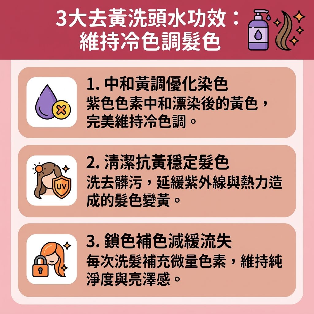 這是一張台灣健康部落格風格的 1:1 正方形資訊圖表，主題是去黃洗頭水推薦與漂髮後護理。圖表詳細解釋了解決頭髮變黃的科學原理。當我們進行漂髮與染髮後，尤其是冷色系染髮（如灰髮），頭髮容易褪色並跑出難看的黃銅色。專業髮型師分享的漂髮補色技巧指出，透過對比色原理，使用含有紫色色素的去黃洗頭水（或稱紫色洗頭水）能有效中和黃色（因為紫色是對比色），達到極佳的去黃效果評價，幫助維持冷色調髮色與高質感的霧面髮色（冷色調）。

圖中教導了正確的矯色洗頭水用法與紫色洗頭水停留時間，並解析了補色洗頭水分別。這類護色洗髮水不只能鎖色、矯色與補色，帶來卓越的固色效果，更能進行漂染受損修復與沙龍級護理保養。配方中豐富的角蛋白能深入毛鱗片，針對脆弱的頭皮與髮質進行頭髮乾枯修復與預防髮色氧化。正確的染髮鎖色心得強調，這不僅能撫平毛躁，更能有效減少髮絲斷裂，全面守護你的美麗秀髮。