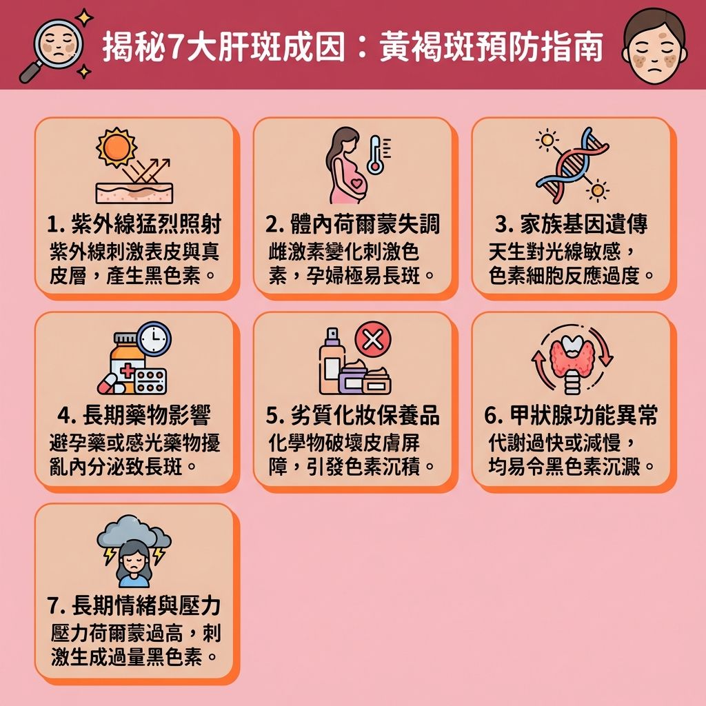 這是一張1:1正方形的台灣健康部落格風格資訊圖表，詳細解說【黃褐斑成因】與預防方法。圖表指出【肝斑】（又稱【黃褐斑】、【荷爾蒙斑】或【蝴蝶斑】）的形成與【荷爾蒙失調】及【內分泌失調】密切相關。特別是【孕婦】在【孕期護膚保養】期間，或長期服用【避孕藥】的女性，體內【雌激素】的變化會刺激深層【真皮層】與【表皮層】內的【黑色素細胞】。

若再加上強烈的【紫外線】照射，會分泌大量【黑色素】，形成比【雀斑】和【太陽斑】更頑固的【色斑】。為了【預防色素沉澱】與【阻截黑色素形成】，日常必須落實【物理防曬方法】並勤塗【防曬霜】。同時建議使用含有【傳明酸】或【維他命】的護膚品來【抵抗自由基】，有效【抑制酪氨酸酶】。

良好的保養能【促進新陳代謝】（加速體內【新陳代謝】），幫助【改善暗沉肌膚】、【改善膚色不均】，進而達到【提亮膚色】與【均勻膚色】的效果。若想徹底【解決色素沉澱】、【淡化荷爾蒙斑】與【去除肝斑】，推薦進行【皮秒激光】療程。其優異的【激光去斑效果】能精準【擊碎深層黑色素】，並【刺激膠原增生】，讓你重拾無暇透亮肌膚。
