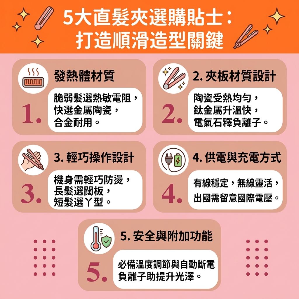 這是一張 1:1 扁平化醫美資訊圖表，教導大家如何挑選【直髮夾】進行【日常頭髮護理】與【燙後護髮保養】。若想【改善天生鬈髮】與【曲髮】問題，【選擇適合材質】的【塗層】與【夾板】（如【陶瓷】或【鈦金屬】）至關重要。好的材質具備【均勻受熱面板】與【快速預熱功能】，能精準【控制造型溫度】，有效【隔離高溫損傷】並【減少熱力傷害】。

好的造型夾在釋放【負離子】時，能【減少靜電摩擦】消除【靜電】，全面保護【頭皮】、【髮根】至【髮尾】。這有助於【撫平頭髮毛躁】、【解決頭髮打結】，並讓【毛鱗片】順利【閉合毛鱗片】。如此一來，【髮絲】內的【水分】、【蛋白質】與【角蛋白】才不會因【熱力】流失，達到【防止水分流失】與【預防頭髮斷裂】的效果。

配合【護髮素】進行【鎖水保濕護理】，能【修復受損髮質】，完美【塑造順滑直髮】。合適的【溫度】不僅能【延長造型持久度】，更能大幅【提升髮絲光澤】，讓您輕鬆擁有亮麗【造型】！