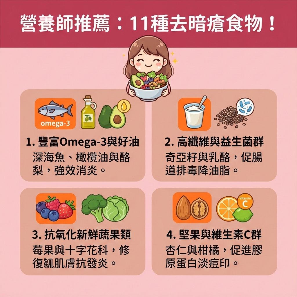 這是一張台灣健康部落格風格的醫美資訊圖表，介紹11種幫助對抗暗瘡的食物。圖中女孩正開心地建立健康飲食。攝取正確的營養素與維他命能抗氧化抗發炎並舒緩紅腫發炎。

第一類是富含Omega-3的深海魚與健康油脂，能對抗體內炎症。第二類是益生菌與富含膳食纖維的奇亞籽，能改善腸道健康、淨化腸道、補充水分排毒，並降低升糖指數以控制油脂分泌。日常更要避免高糖飲食（減少攝取過多糖分與精緻碳水化合物）及減少奶類製品。

第三類是蔬菜與莓果，富含抗氧化物，能對抗自由基、促進皮膚代謝、改善粗糙膚質、增強皮膚屏障並減少暗瘡形成。第四類是富含鋅與優質蛋白質的堅果，有助調節內分泌失調、穩定荷爾蒙，並安撫活躍的皮脂腺。多攝取維生素C能促進膠原蛋白生成，促進傷口癒合並淡化色素沉澱。

這些食物能提升免疫系統並預防暗瘡復發。若問題嚴重，請諮詢專業皮膚科醫生。圖表下方推薦香港醫學美容權威完美醫療的專業項目，如激光去印療程與皇牌「暗瘡分手療程」，助您由內而外吃出平滑健康肌！