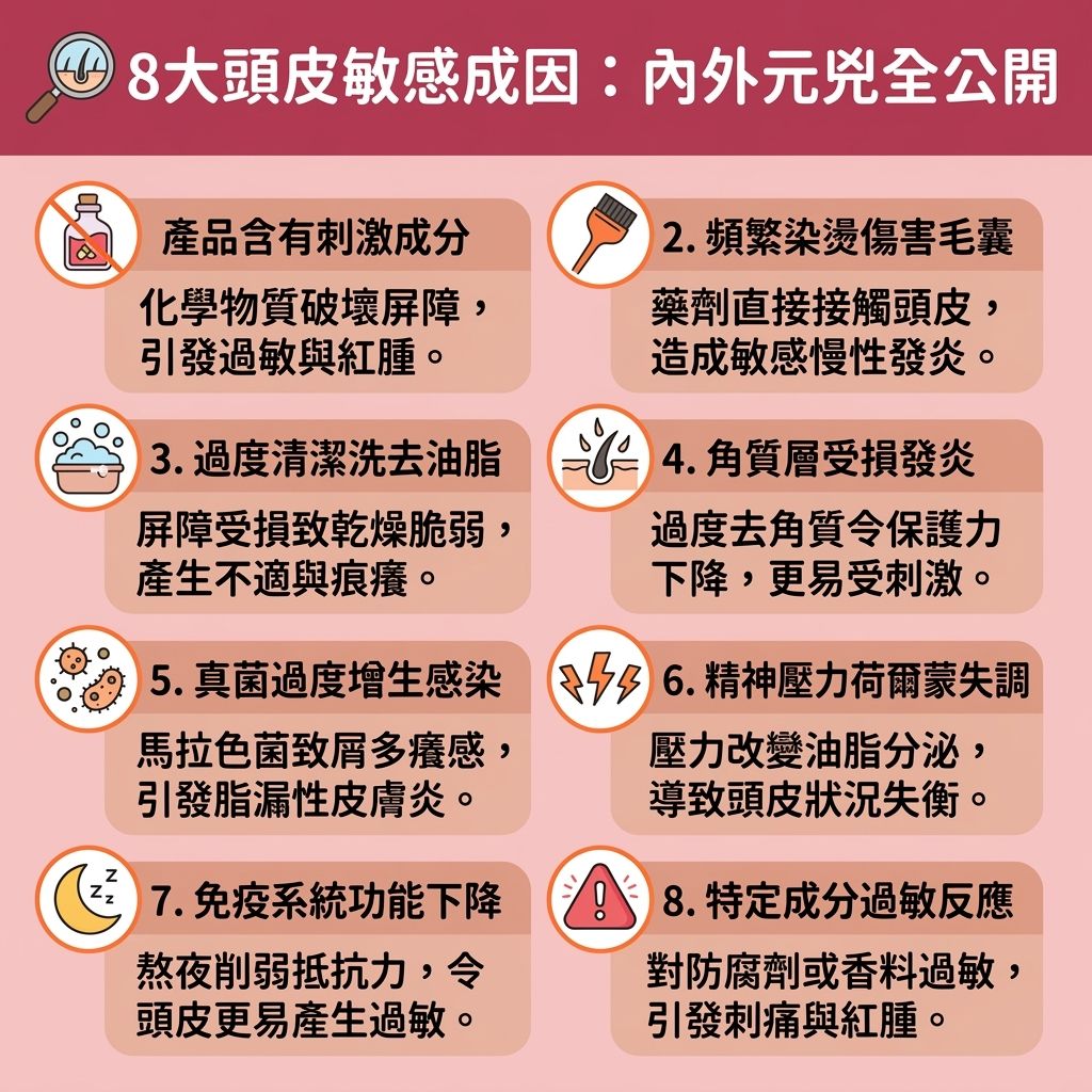 這是一張採用台灣健康部落格風格的 1:1 正方形扁平化向量資訊圖表，主題為「8大頭皮敏感成因」。圖表詳細解析了頭皮、毛囊與角質層受損的原因，並提供頭皮敏感解決方法。外部成因包括使用含刺激成份的洗頭水、護髮素或染髮劑引發頭皮發炎紅腫（涉及紅腫與炎症）；頻繁染燙導致染髮後頭皮痛，需透過頭皮護理療程來改善毛囊發炎。過度清潔會破壞水分與蛋白質平衡，需改善頭皮乾燥並積極修復頭皮屏障。若因真菌感染引發脂溢性皮炎治療需求，則需解決頭皮屑問題（改善頭皮屑）以預防頭皮濕疹（濕疹）。內部因素如壓力導致荷爾蒙失調與免疫系統下降，引起舒緩頭皮緊繃需求或頭皮長暗瘡，嚴重時應諮詢醫生。針對敏感肌與換季頭皮痕癢，建議參考敏感頭皮洗頭水推介（如抗敏洗髮露或溫和洗髮水推薦）來舒緩頭皮痕癢、減少頭皮出油（調節皮脂腺）並進行頭皮深層清潔。預防頭皮敏感脫髮（脫髮）亦需注意抵抗紫外線傷害。
