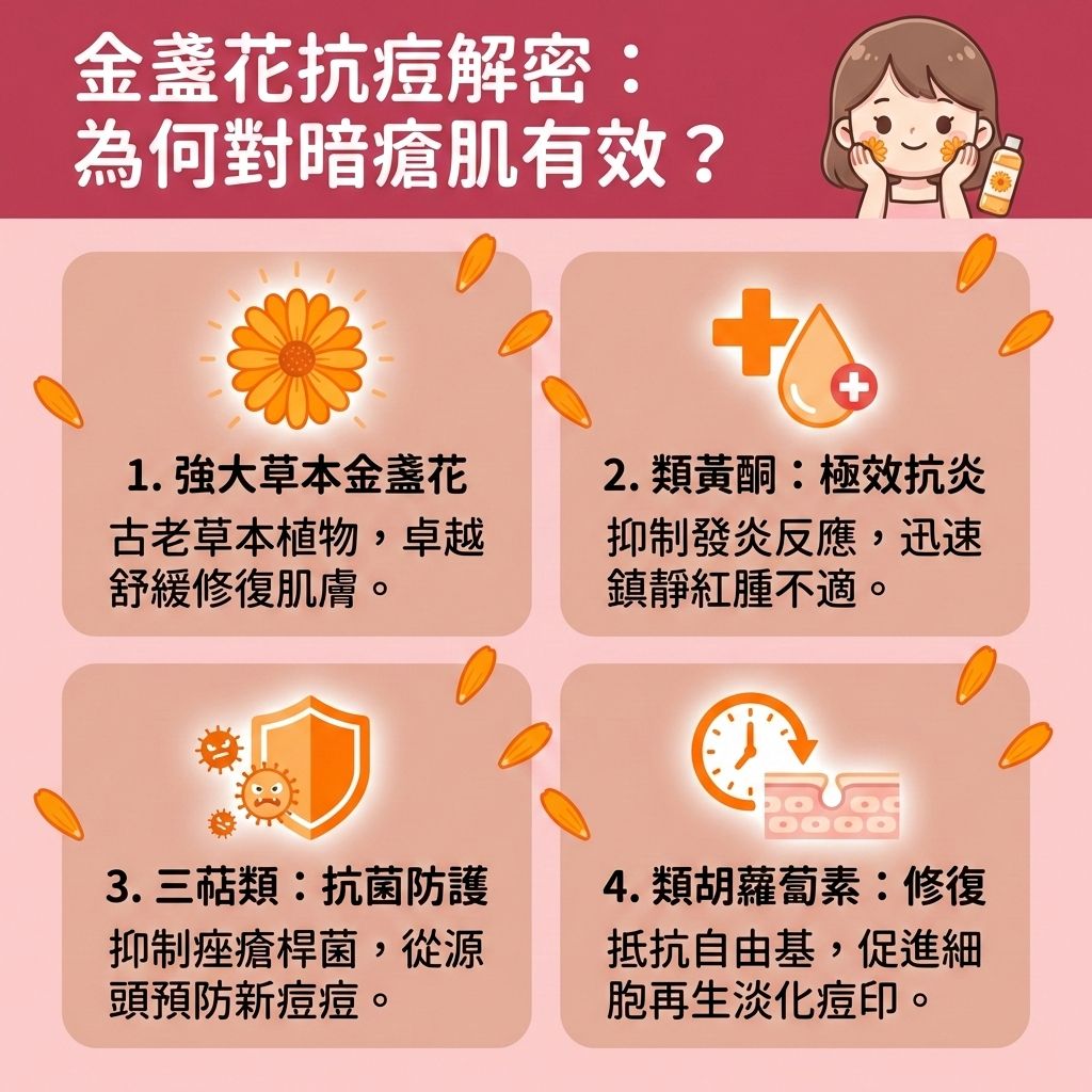 這是一張台灣健康部落格風格的正方形醫美資訊圖表，介紹金盞花對抗暗瘡的功效。圖中可愛女孩正使用金盞花爽膚水與面膜，幫助改善面部潮紅與舒緩敏感泛紅。當皮脂腺分泌過多，堵塞毛孔與角質層時，容易形成粉刺並滋生細菌引發炎症。

金盞花具有極佳的抗菌消炎作用，能舒緩紅腫發炎、褪紅消炎鎮靜與減輕痕癢不適。配合溫和的洗面乳****溫和潔淨肌膚，或使用含茶樹油與水楊酸的護膚品來去除老廢角質，能有效控制油脂分泌與調節水油平衡。

對於敏感肌，它能修復受損屏障並增強皮膚屏障，同時避免刺激成分。這不僅能促進傷口癒合、預防暗瘡形成，還能淡化色素沉澱（減少暗瘡印）、改善粗糙膚質及收細粗大毛孔。若脆弱的皮膚屏障受損嚴重，建議諮詢皮膚科醫生。圖表下方特別推薦香港專業醫學美容機構完美醫療的激光去印療程與皇牌「暗瘡分手療程」，助您重拾健康美肌！
