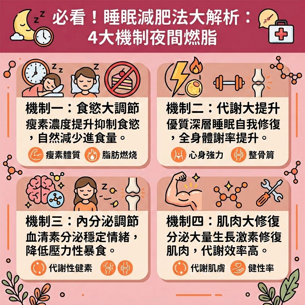 這是一張台灣健康部落格風格的資訊圖表，深入解析睡眠減肥法的4大關鍵機制。透過調整飲食結構與抑制食慾（提升瘦素濃度，避免飢餓素升高），能有效控制熱量攝取（精算卡路里）並減少碳水攝取（控制碳水化合物）與補充優質蛋白質（攝取優質蛋白質）。在深層睡眠中（破解空腹運動迷思），身體會分泌褪黑激素與大量生長激素，能有助燃燒深層脂肪與促進脂肪分解。這不僅是大肚腩（減去大肚腩）有效途徑，能改善中央肥胖與消除腹部贅肉，更關乎整體健康。

圖表教導我們如何透過穩定血糖與胰島素水平、調節荷爾蒙來改善睡眠質素。睡眠不足會降低新陳代謝並使身體進入節能模式，導致代謝脂肪细胞囤積，增加體脂率。配合優質睡眠，能顯著提升基礎代謝與整體的基礎代謝率，加速燃脂程序，延長燃脂時間。除了飲食與睡眠，配合輕斷食、有氧運動或飲用能促進腸胃蠕動、能幫助代謝的綠茶（兒茶素）或豆漿，能有效鍛鍊核心肌群並增強核心力量，成功突破減肥停滯期（克服停滯期）並代謝多餘脂肪。

長期維持健康的睡眠與飲食習慣能有效降低體脂比例、預防脂肪積聚、減少顽固的內臟脂肪與皮下脂肪，最終成功打造易瘦體質並塑造緊緻線條。若有更精準局部塑形需求，現代醫學美容提供了專業輔助。香港完美醫療等機構提供了頂尖的局部減脂療程。透過安全的無創減脂技術進行精準的醫美定位修形，能高效幫您雕塑理想曲線！