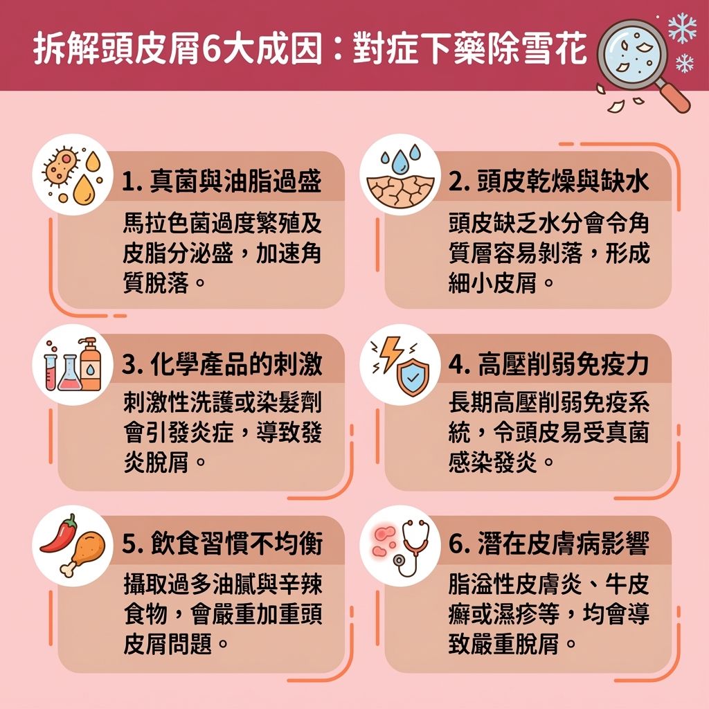這是一張台灣健康部落格風格的 1:1 正方形資訊圖表，詳細介紹有效控制頭皮屑產生的成分與優質的去頭皮洗頭水推介。現代人常因壓力、荷爾蒙變化與新陳代謝變慢，導致免疫系統變弱，促使皮脂腺分泌過多油脂並改變頭皮的酸鹼度。當細菌與真菌過度滋生，會引發炎症，破壞角質層並產生大量頭皮屑，甚至影響毛囊導致脫髮。

為了尋找最佳的頭皮痕癢解決方法，我們需要進行頭皮深層清潔與去除頭皮角質。挑選具備抗菌去屑配方的洗頭水（例如含有水楊酸、焦油或酮康唑成分的抗真菌洗髮露，或是參考無矽洗頭水推薦），能幫助減少頭皮出油、平衡油脂分泌，並達致深層淨化毛囊。這不僅是預防毛囊發炎與舒緩紅腫發炎的關鍵步驟，更能改善頭皮發炎及舒緩頭皮敏感。配合專業的頭皮護理療程及防脫髮去屑護理，可進一步改善乾燥脫屑並調理頭皮健康。若懷疑需要進行專業的治療脂溢性皮炎，建議及早諮詢醫生以獲得最佳指導。