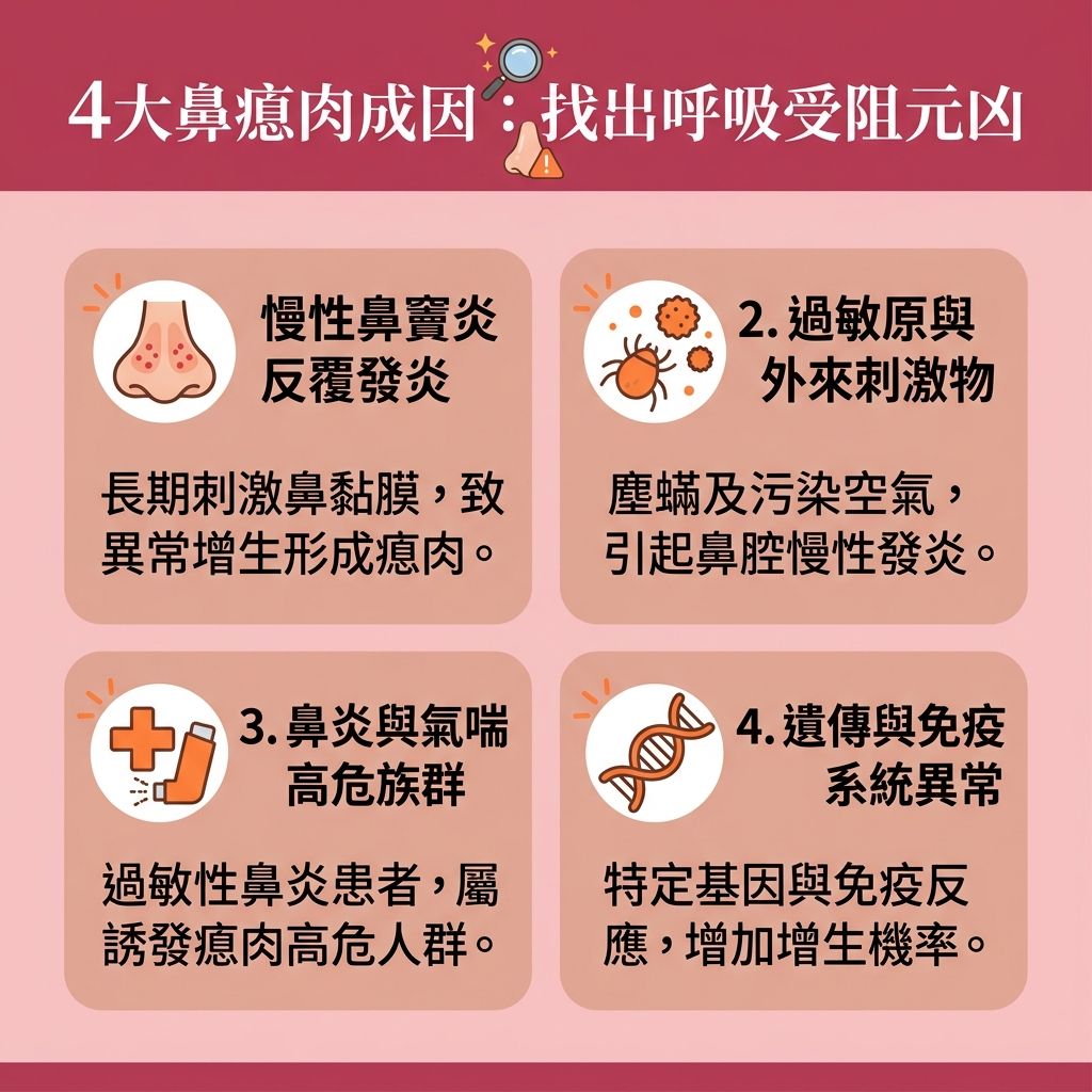 這是一張台灣健康部落格風格的 1:1 正方形扁平化資訊圖表，詳細圖解四大【鼻瘜肉成因】。圖中解析了當【鼻竇】與【鼻腔】內的【黏膜】長期受到刺激，會導致【鼻黏膜腫脹】與異常【組織】增生，最終形成【鼻瘜肉】。常見的【鼻瘜肉症狀】包括嚴重的【鼻塞】、長期的【鼻竇炎】與【鼻敏感】發作，並伴隨【鼻水】狂流及【鼻腔分泌物增多】。這些問題往往是【嗅覺減退原因】（影響【嗅覺】），並導致整個【呼吸道】受阻。

為了【舒緩鼻敏感症狀】與尋求【解決鼻塞方法】，患者應重視【鼻竇炎治療】並學會【預防鼻瘜肉】。若瘜肉過大阻塞氣道，不僅會引發嚴重的【鼻鼾】，更可能演變成【睡眠窒息症】。這不僅需要及早【解決打鼻鼾】以【降低鼻鼾頻率】並【改善睡眠質素】，更要及時【改善呼吸道阻塞】與【改善用口呼吸】。

圖表建議，患者應盡早前往專業的【耳鼻喉科】【診所】，尋求專科【醫生】進行【耳鼻喉科專科診斷】及詳細的【鼻內視鏡檢查】（透過【內視鏡】觀察）。在治療方面，初期可考慮使用【類固醇】（如【類固醇噴鼻劑】）；若病情嚴重或擔心【鼻瘜肉復發】，則需進行【切除鼻瘜肉手術】。現今先進的【鼻瘜肉微創手術】（【微創】【手術】）能安全有效地清除瘜肉，幫助患者重拾暢通呼吸。