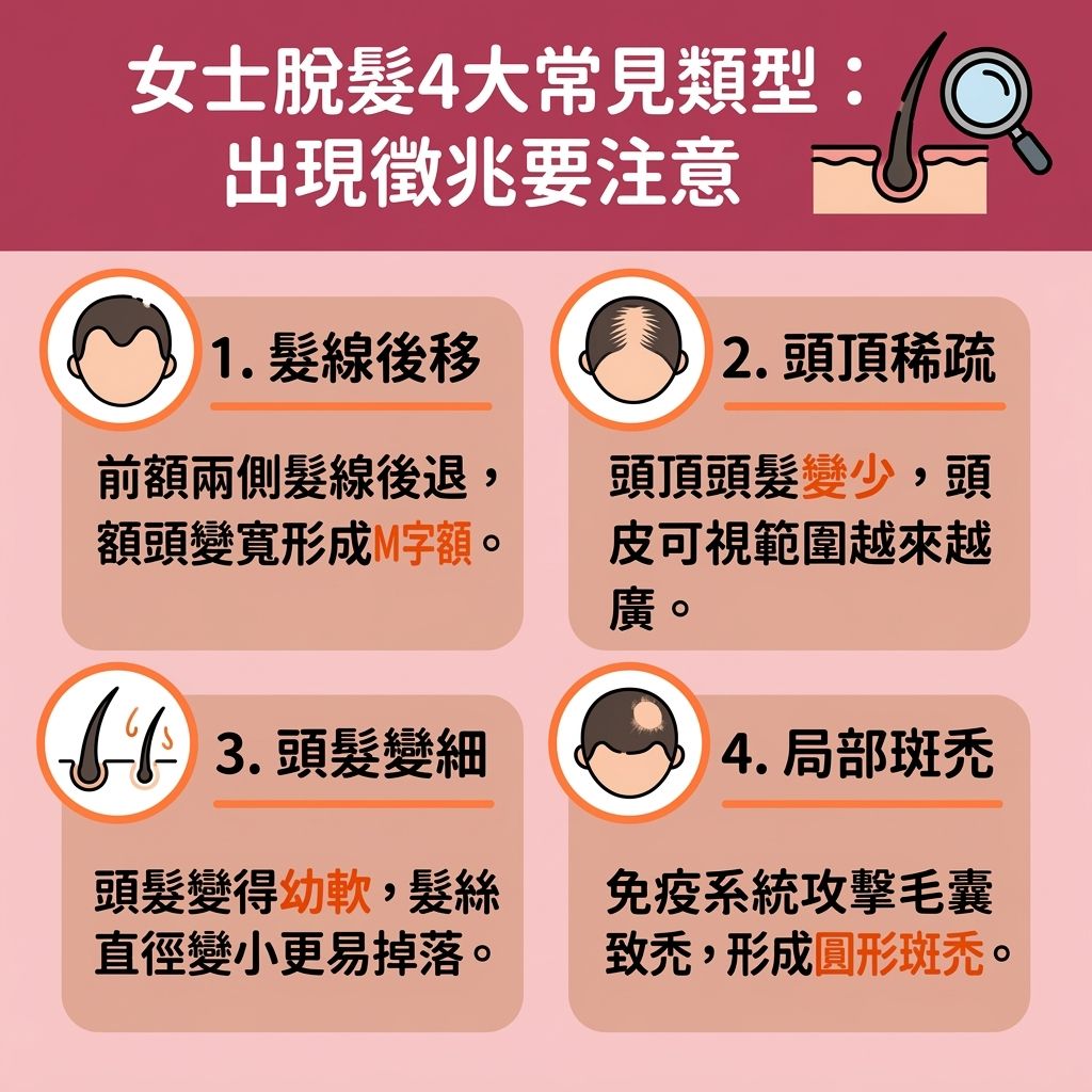 這是一張台灣健康部落格風格的 1:1 正方形資訊圖表，詳細解析了四種常見的女士脫髮原因與類型。當出現異常脫髮時，我們應關注毛囊與頭皮健康。不論是因壓力造成的壓力型脫髮解決需求、營養不良，還是因荷爾蒙與雌激素波動引發的荷爾蒙失調脫髮，甚至產後嚴重甩頭髮（即產後脫髮）及更年期問題（讓人苦惱更年期掉髮看哪科），都會影響毛髮生長週期，導致休止期脫髮或毛髮生長週期失調。

若發現頭皮發炎導致脫髮、或是女性雄性禿（需尋找女性雄性禿治療）與斑禿，應尋求看脫髮醫生推薦。由專科醫生診斷脫髮，特別是皮膚科醫生看脫髮，能精準找出如甲狀腺問題（需甲狀腺脫髮治療）等病因。為改善頭髮稀疏，可進行專業的頭皮毛囊檢測。

在女性脫髮治療方法上，皮膚科醫生可能會建議使用含米諾地爾的處方藥物，或推薦醫療級生髮療程及女士防脫髮療程（即活髮療程）以促進血液循環。日常護理方面，除了使用防脫髮洗頭水推介外，補充鐵質改善脫髮（確保吸收足夠鐵質）也是關鍵。部分患者亦會選擇脫髮中醫調理，全方位對抗脫髮危機。