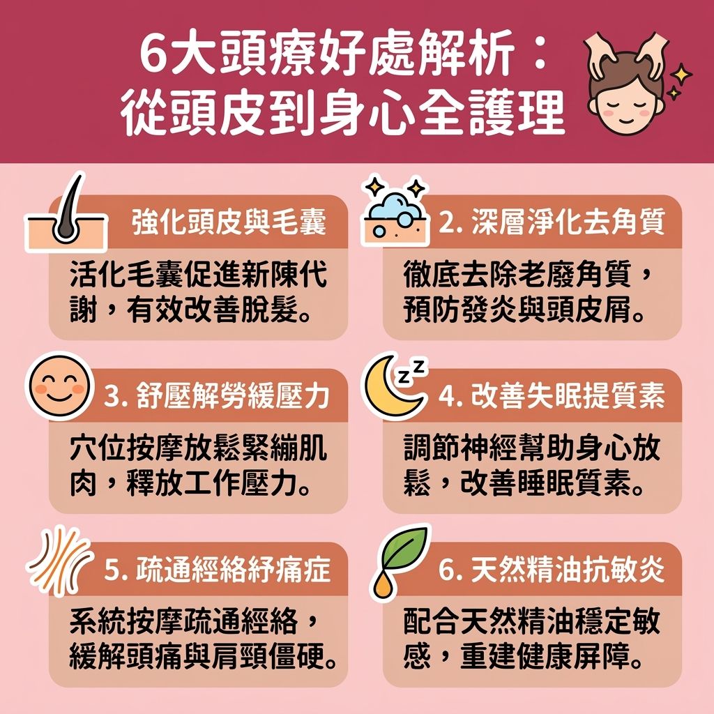 這是一張可愛風格的 1:1 資訊圖表，主題為優質的頭療推介。畫面中，專業的理療師正在頭皮護理中心內，運用先進儀器與結合中醫理論的中醫頭部理療技術進行操作。圖表詳細解釋了頭皮深層清潔療程的好處，它遠勝於日常單用洗頭水與護髮素。透過頭皮按摩排毒與頭部穴位按摩刺激穴位，能有效疏通頭部經絡（打通經絡）並促進血液循環。

這不僅是極佳的舒壓放鬆療程，能釋放日常壓力、改善睡眠質素並促進深層睡眠，還能緩解頭痛疲勞。針對健康，按摩能深層清除角質與調理皮脂腺，解決頭皮出油與淨化毛囊堵塞，是極佳的去頭皮屑方法，能告別頭皮屑與炎症。配合具有精油頭療功效的天然精油，可舒緩頭皮敏感，保護脆弱的頭皮與毛囊。

此外，它能為頭部提供充足營養，延緩頭皮老化，有效進行防脫髮護理以改善脫髮與改善頭髮稀疏問題，同時改善頭髮扁塌。圖表下方亦貼心列出了相關的頭皮護理收費參考，讓大眾了解頭療帶來的全方位身心益處。