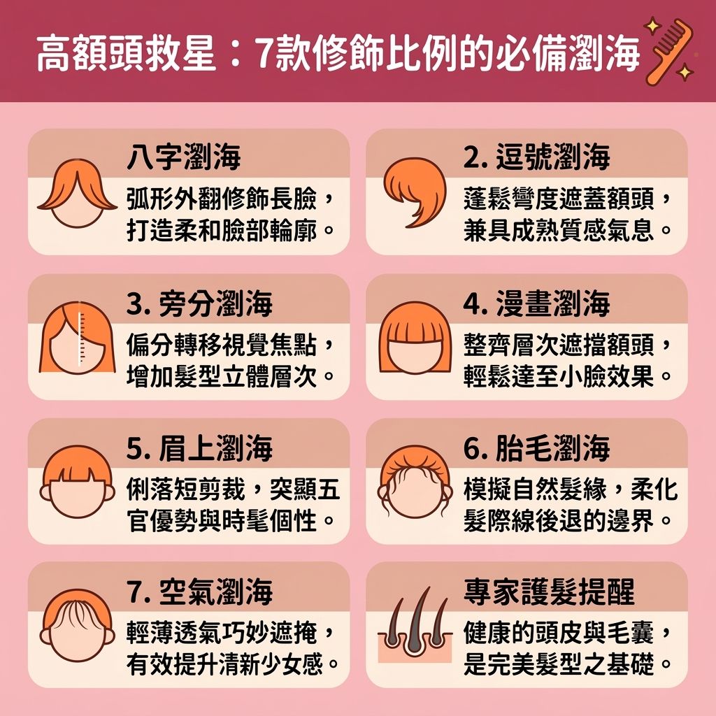 這是一張台灣健康部落格風格的 1:1 正方形資訊圖表，主題為「高額頭救星：7款修飾比例的必備瀏海」。圖表詳細列出了多種高額頭改善方法與高額頭髮型推薦，是拯救寬額頭與改善臉型比例的指南。內容指出，許多女性深受女性髮線後移與髮線後移原因困擾，透過修飾高額頭瀏海可以有效隱藏髮際線後移並遮蓋M字額。

圖中展示了多種髮型與髮際線修飾技巧，例如空氣瀏海能完美修飾臉型，而胎毛瀏海剪法能創造自然的胎毛瀏海，達到髮際線下移的視覺效果。針對額頭高面相，這些設計能增加髮量視覺效果並突顯五官。圖表亦提到，若日常需掩飾脫髮或M字額，可選用髮際線粉推薦名單中的髮際線粉或陰影粉來填補髮際線。

然而，要長久挽救髮際線並解決頭髮稀疏，單靠髮型與髮飾化妝是不夠的。我們必須關注頭皮、髮根、髮絲與毛囊健康。若因基因或雄性禿引發掉髮，應尋求皮膚科醫生協助。治療方案包括使用生髮水，或接受專業的毛囊萎縮治療與刺激毛囊生長療程。對於嚴重者，圖表建議參考植髮相關建議或植髮療程推薦，以求治本。